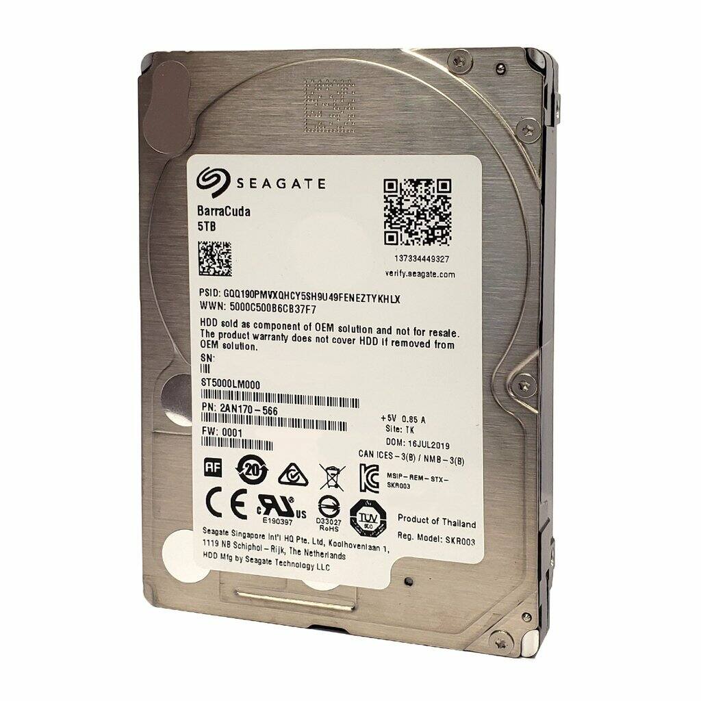 SEAGATE BarraCuda 5TB  
PSID: GO0190PMVXQHCY5SH9U49FENEZTYKHLX  
WWN: 5000C500B6CB37F7  
HDD sold as component of OEM solution and not for resale. The product warranty does not cover HDD if removed from OEM solution.  
SN: ST5000LM000  
PN: 2AN170-566  
FW: 0001  
Site: TK  
DOM: 16JUL2019  
CAN ICES ICES-3(B) NMB-3(B) MSIP REM STX-SKR003  
AF 20 MSIP  
LR US TUV  
Product of Thailand  
Reg. Model: SKR003  
Seagate Singapore Reg. Iet HO Pte Ltd, Koolhoveni Schiphol Rijk, The Netherlands  
HDD Mfg by Seagate Technology LLC