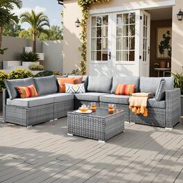 Ovios - 7 PCS Patio Furniture Outdoor Sofa Sets with Wicker, Cushions and Coffee Table for Garden, Backyard and Balcony - Dark Gray
