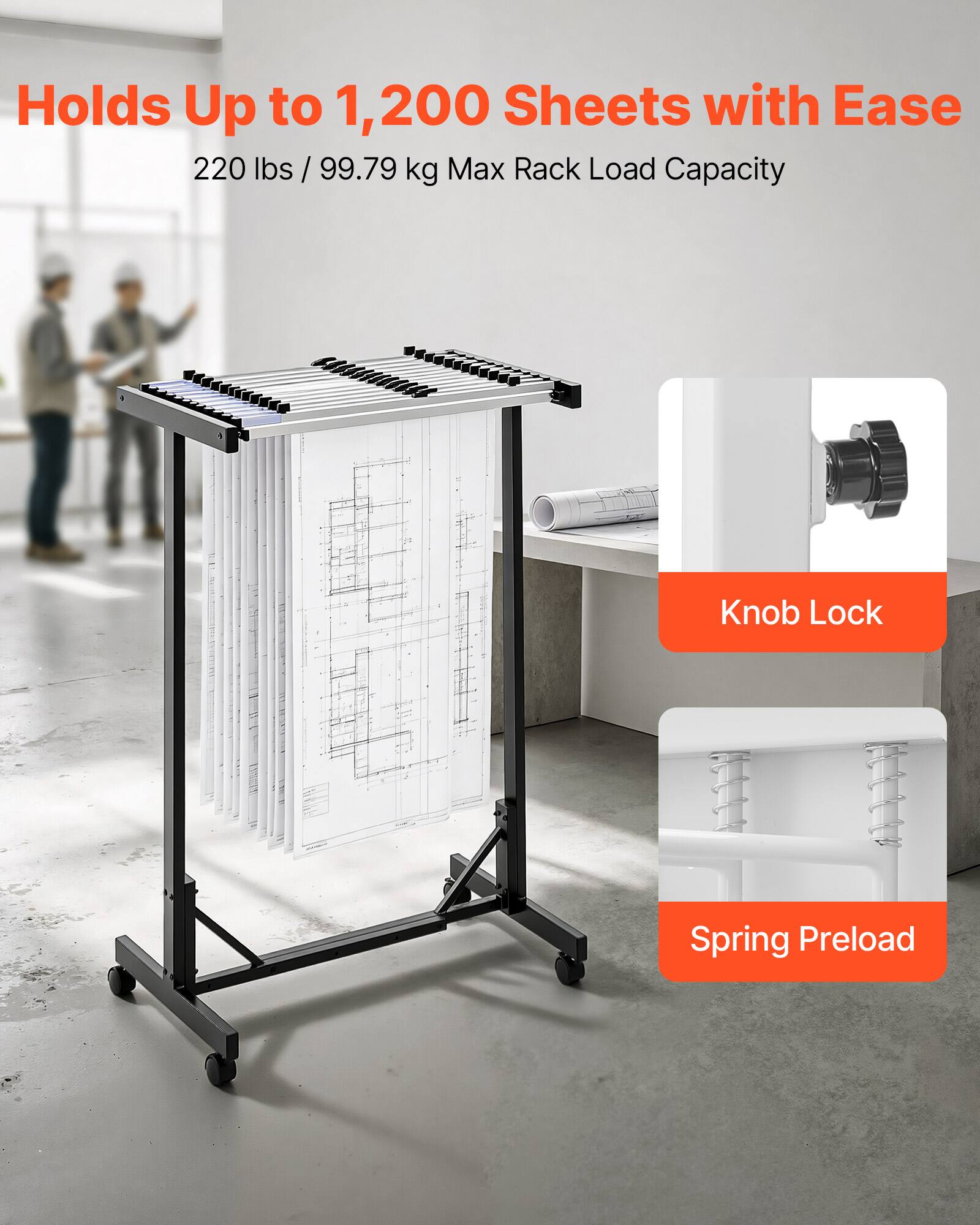 Holds Up to 1,200 Sheets with Ease  
220 lbs / 99.79 kg Max Rack Load Capacity  
Knob Lock  
Spring Preload