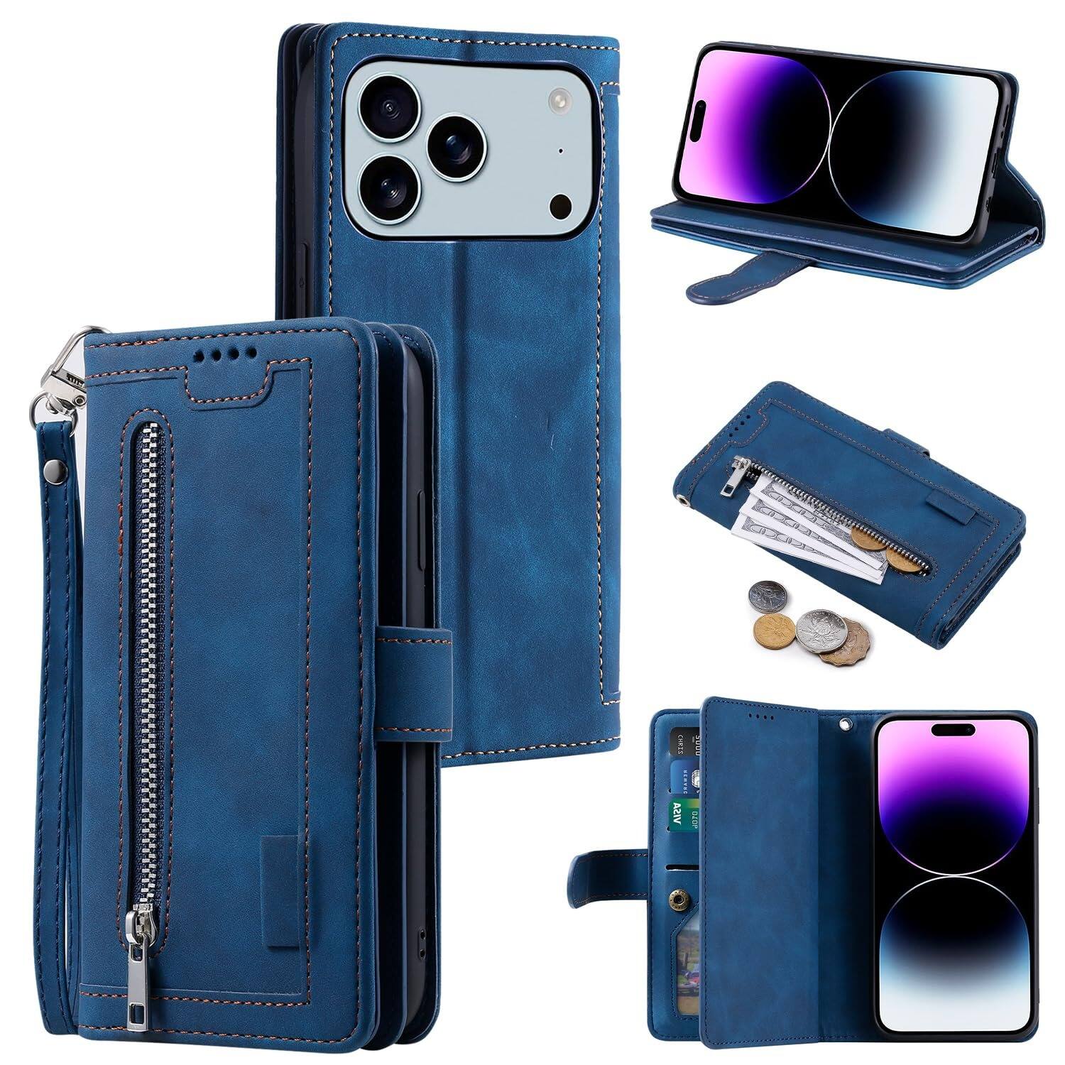 UUCOVER - Magnetic Flip Wallet Case for Apple iPhone 18 Pro Max with Card Cash Slots, Zipper Pocket and Wrist Strap, Stand Cover - Darkblue