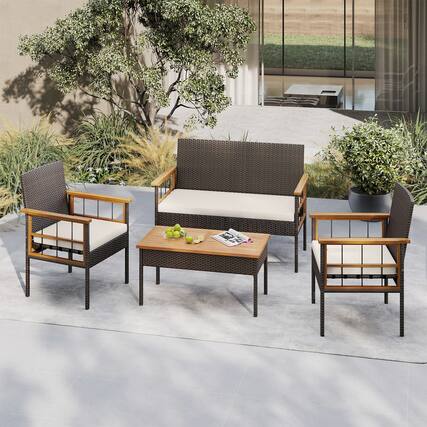 Front. Gymax - Gymax Set of 4 Wicker Furniture Set w/Acacia Wood Tabletop Armrests Cushions for Backyard White - Brown.