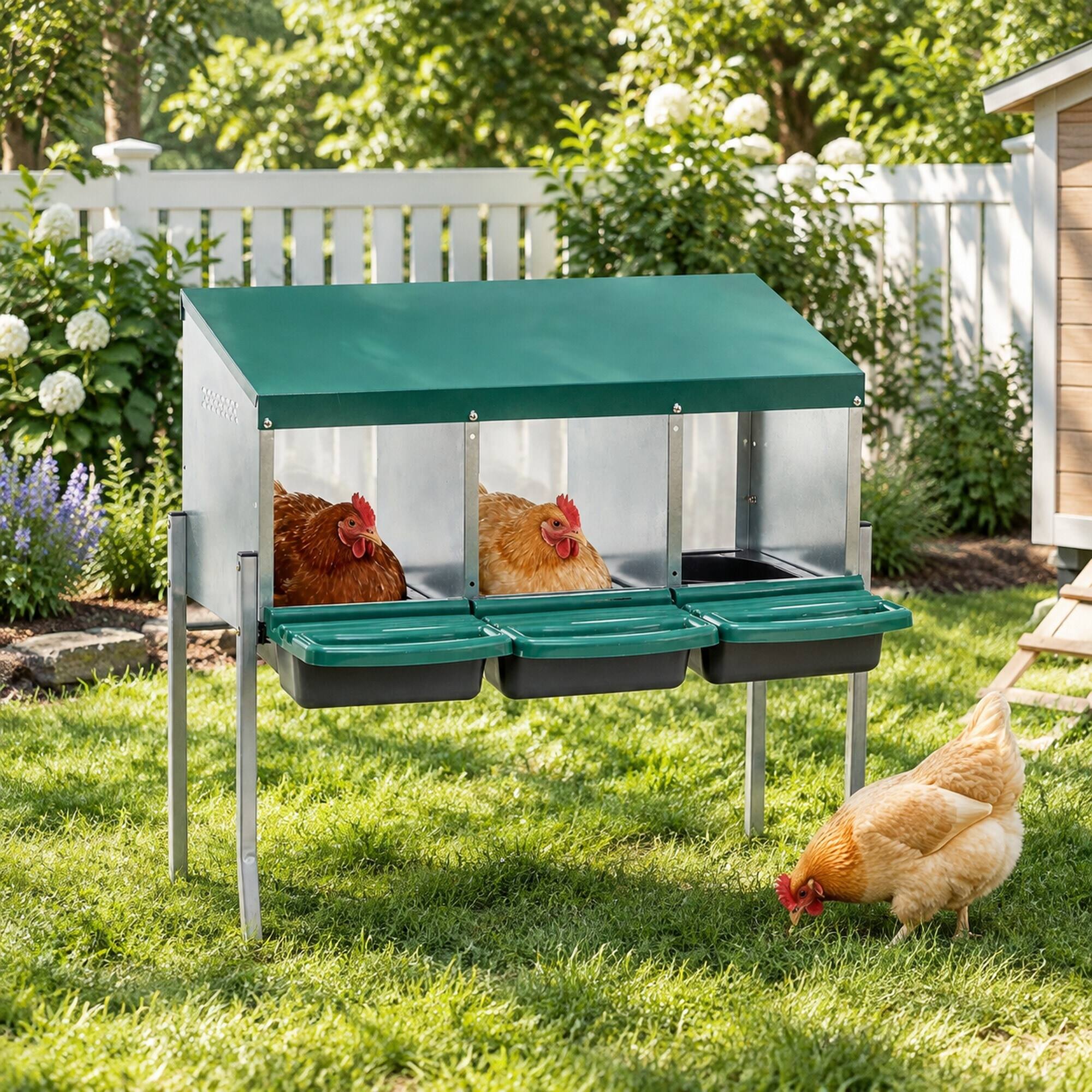Alt View 2. RYHNUYNE - Chicken Nesting Boxes, 3 Compartment Laying Box, Galvanized Steel Frame, Roll-Away Egg Trays, Green.