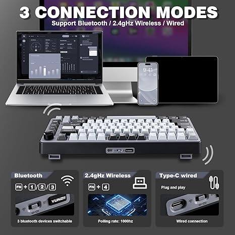 3 CONNECTION MODES: Support Bluetooth / 2.4GHz Wireless / Wired

- Bluetooth: FN + 1
  - 3 Bluetooth devices switchable
- 2.4GHz Wireless: FN + 4
  - Polling rate: 1000Hz
- Type-C wired: Plug and play

Wired connection