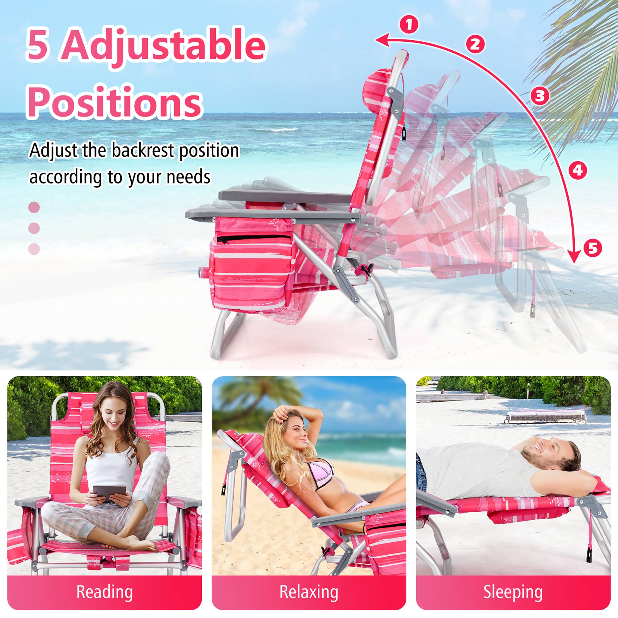 5 Adjustable Positions

Adjust the backrest position according to your needs

1 2 3 4 5

Reading Relaxing Sleeping