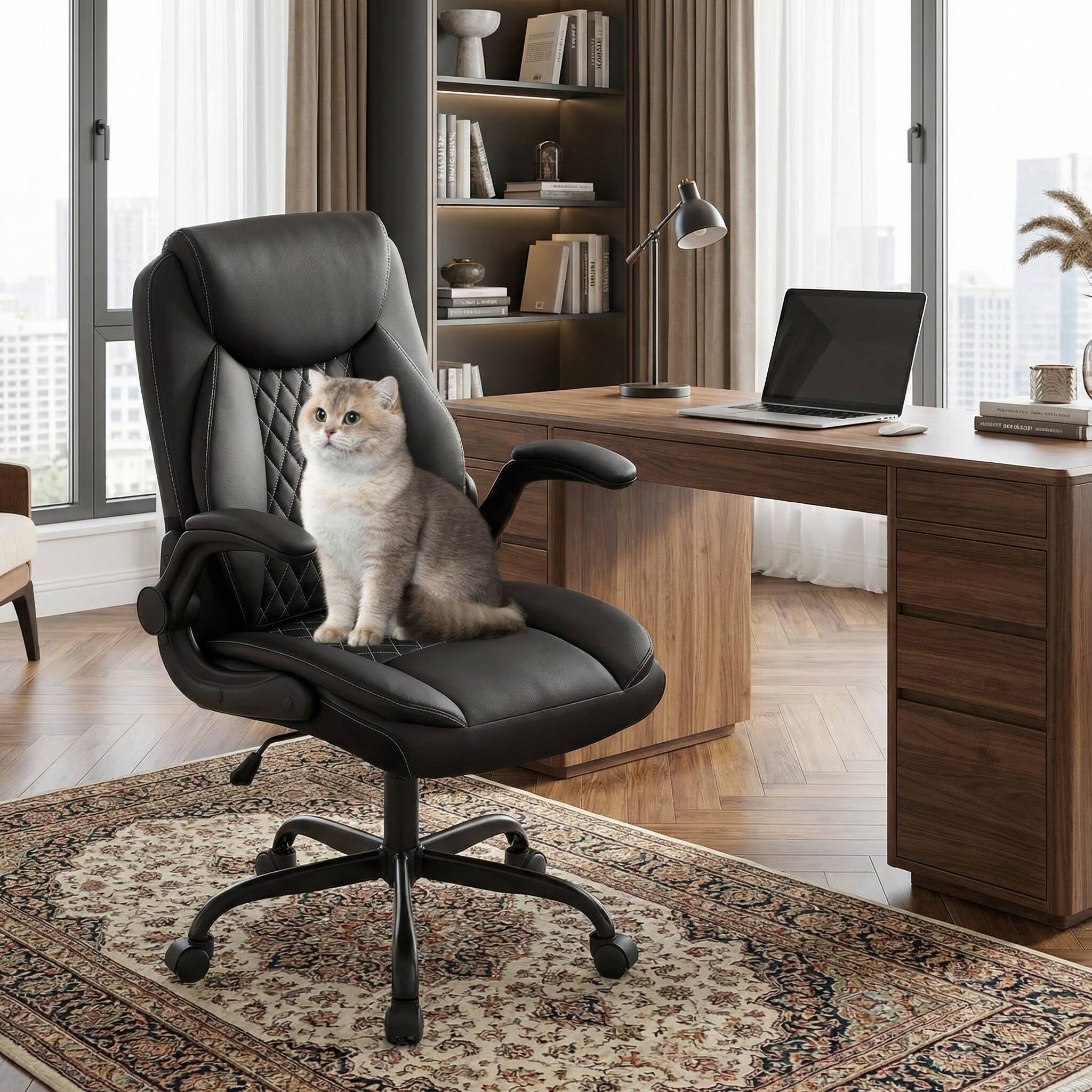Back. Forest'nSky - Ergonomic Leather Executive Office Chair - Adjustable Swivel Desk Chair with Flip-Up Armrests & Wheels,Black - Black.
