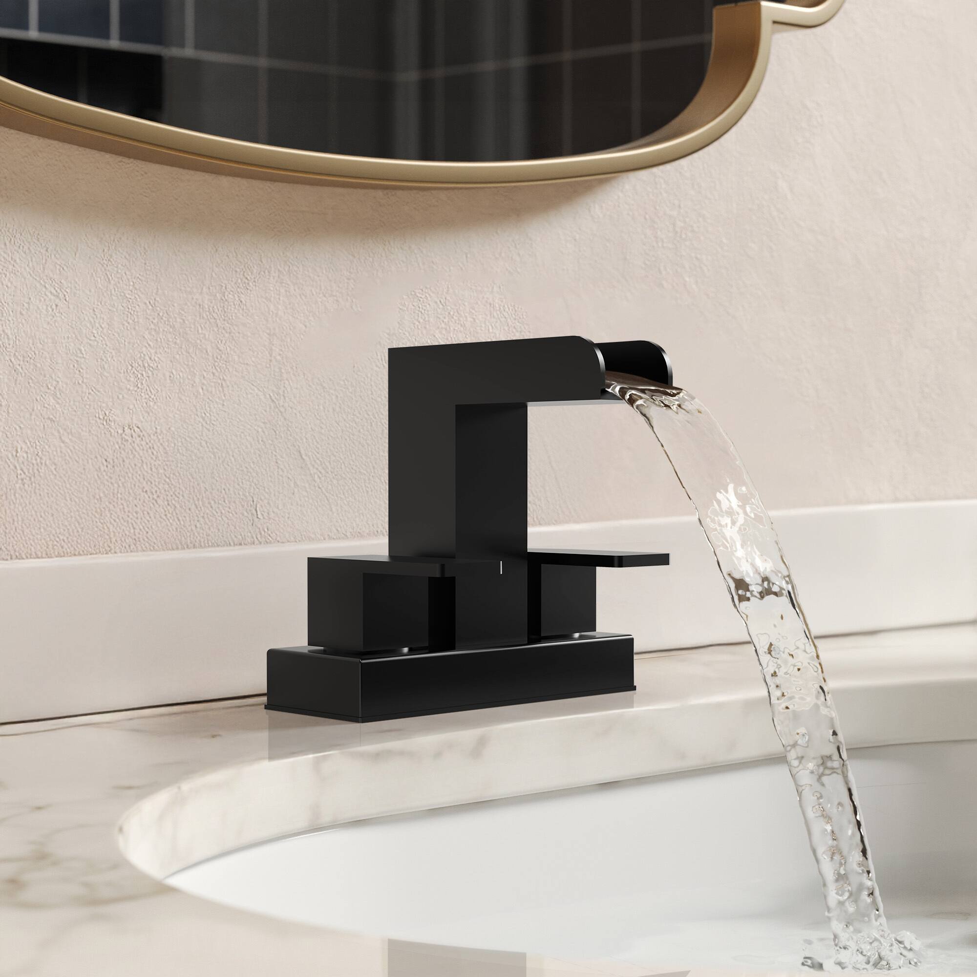 Angle. GRANDJOY - Modern Waterfall Bathroom Faucet Dual Handle Rectangular Open-Channel Spout Solid Copper for Vanity Sink - Matte Black.