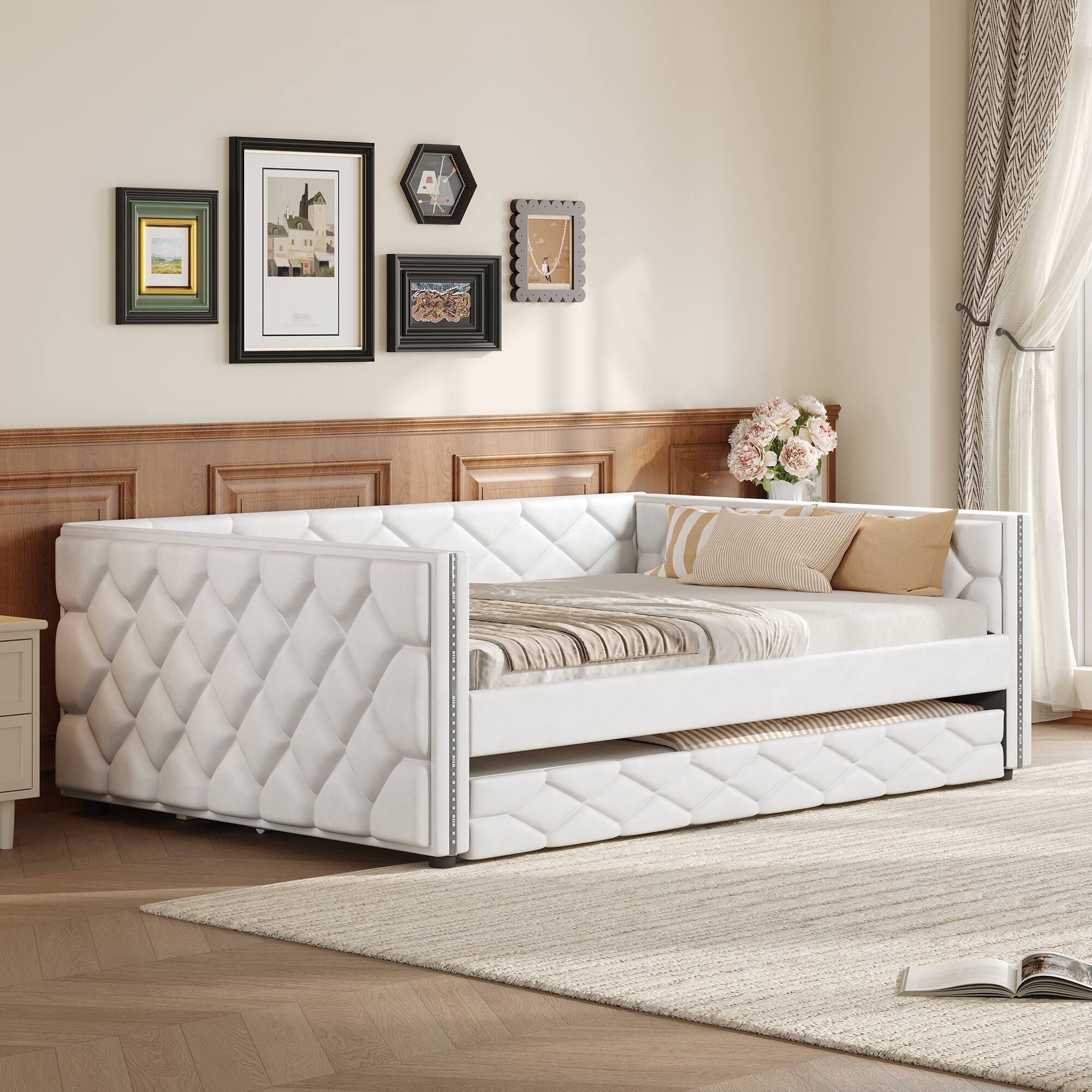 Front. Whisen - Full XL Upholstered Daybed with Trundle, LED Light, Wood Frame, Guest Sofa Bed - White.