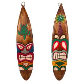 Chesapeake Bay - Set of 2 Tiki Surfboard Wall Decor 39" Sea Turtle Palm Tree Hand-Carved Art - Multicolored