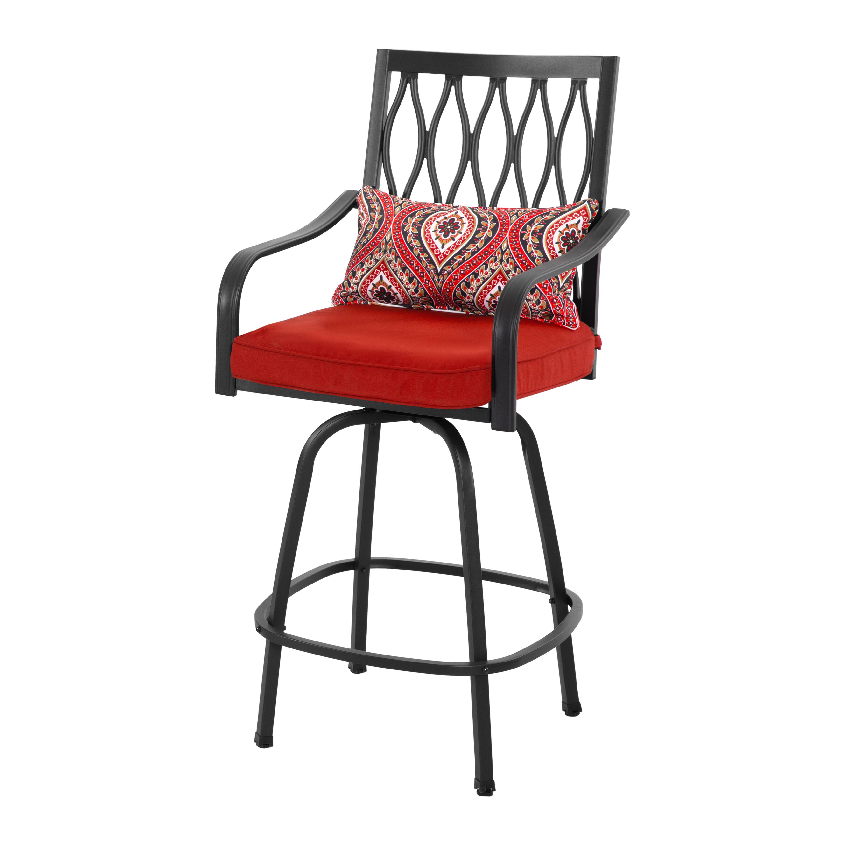 Alt View 7. Nuu Garden - 2-Piece Outdoor Patio Metal Swivel Bar Stools with Padded Cushions and Extra Pillows, Square-to-Round Footrest - Black and Red.