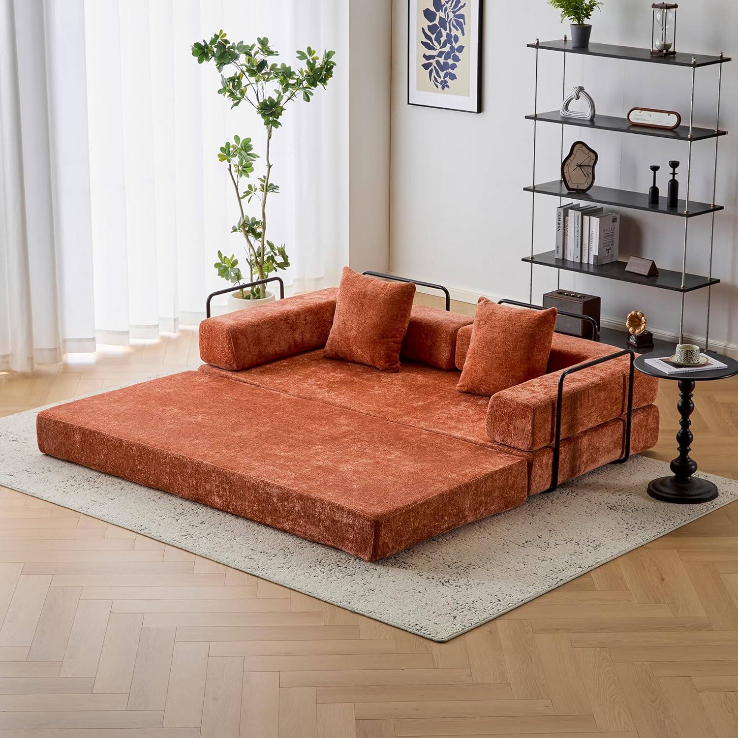 Trinkets Crazed - Convertible Floor Sofa Bed with Fixed-Shape Frame, Chenille Boneless Sofa Folding Mattress Couch with Armrest - Orange