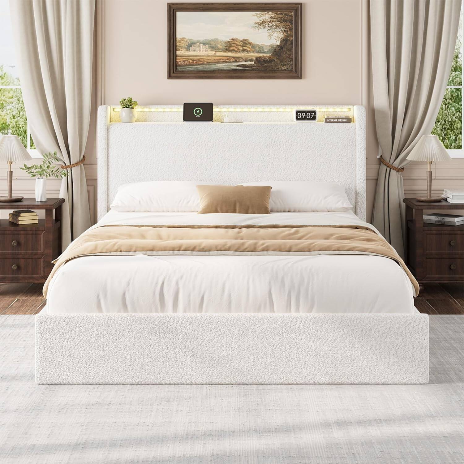 Alt View 6. Jojoka - Easy Assembly Queen Size Platform Bed Frame  Lighted Upholstered Bed Frame Space Saving, for Living Room, Guest Room - White.