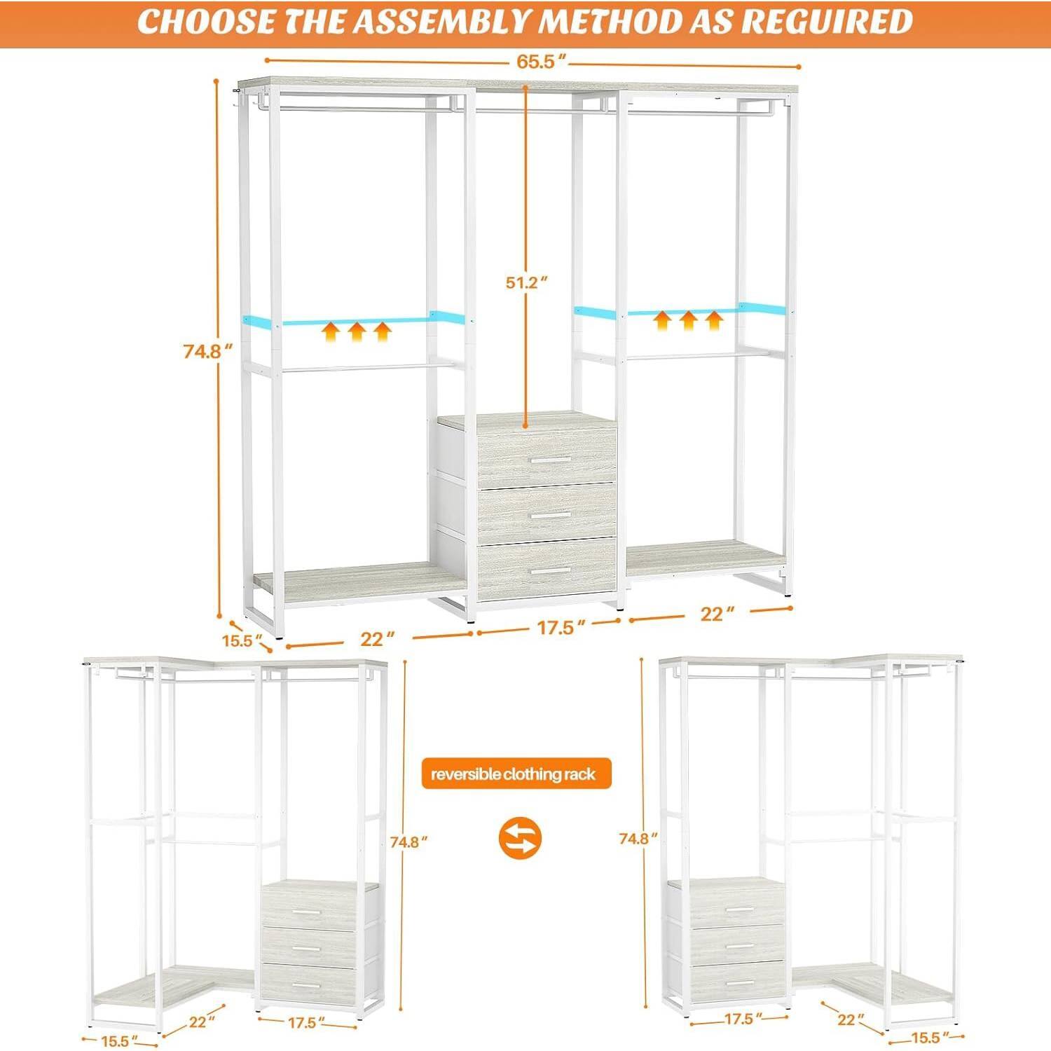CHOOSE THE ASSEMBLY METHOD AS REQUIRED

65.5"  
51.2"  
74.8"  
15.5"  
22"  
17.5"  
reversible clothing rack  
74.8"  
15.5"  
22"  
17.5"  
15.5"