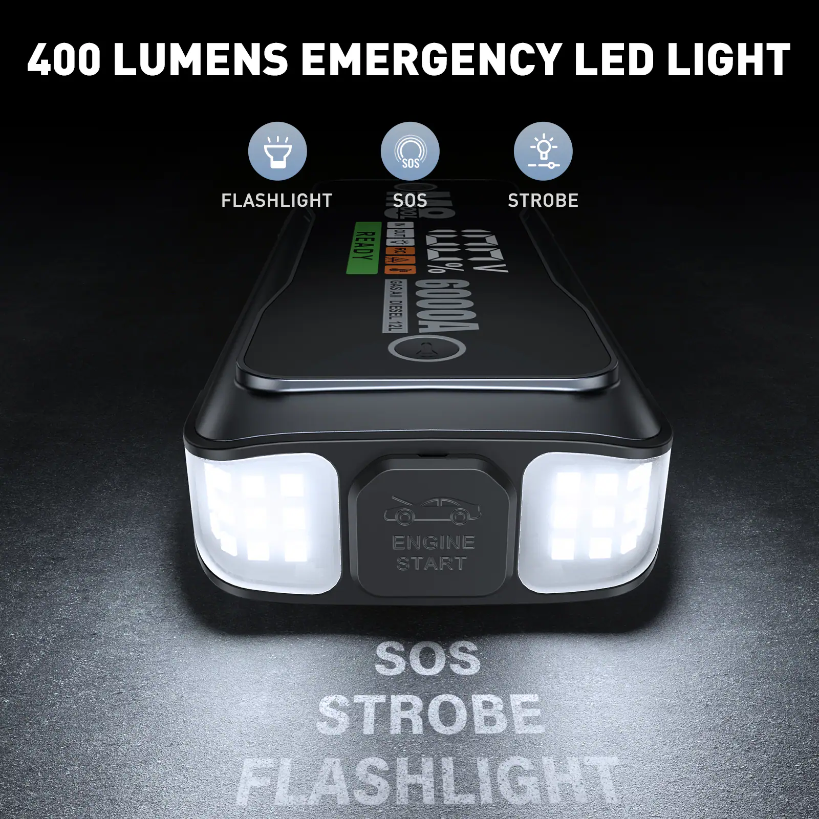 400 LUMENS EMERGENCY LED LIGHT SOS FLASHLIGHT

- SOS in STROBE
- 1 READY
- D0A00S

- 14L
- 12L
- 600A ENGINE START
- SOS STROBE FLASHLIGHT