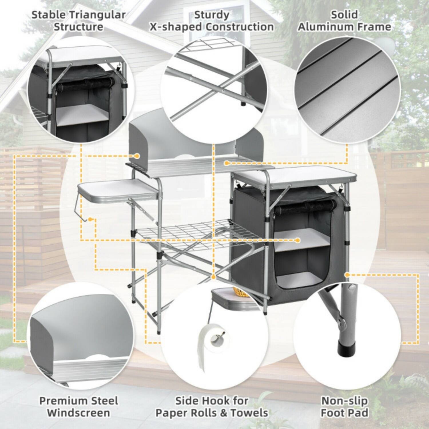 Stable Triangular Structure  
X-shaped Construction  
Sturdy  
Solid Aluminum Frame  
Premium Steel Windscreen  
Side Hook for Paper Rolls & Towels  
Non-slip Foot Pad