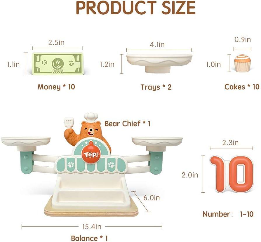 PRODUCT SIZE

- Money * 10: 2.5in x 4.1in x 0.9in x 1.1in
- Trays * 2: 1.2in x 1.0in
- Cakes * 10: 6.0in x 2.3in x 2.0in
- Bear Chief * 1
- Number: 1-10
- Balance * 1: 15.4in