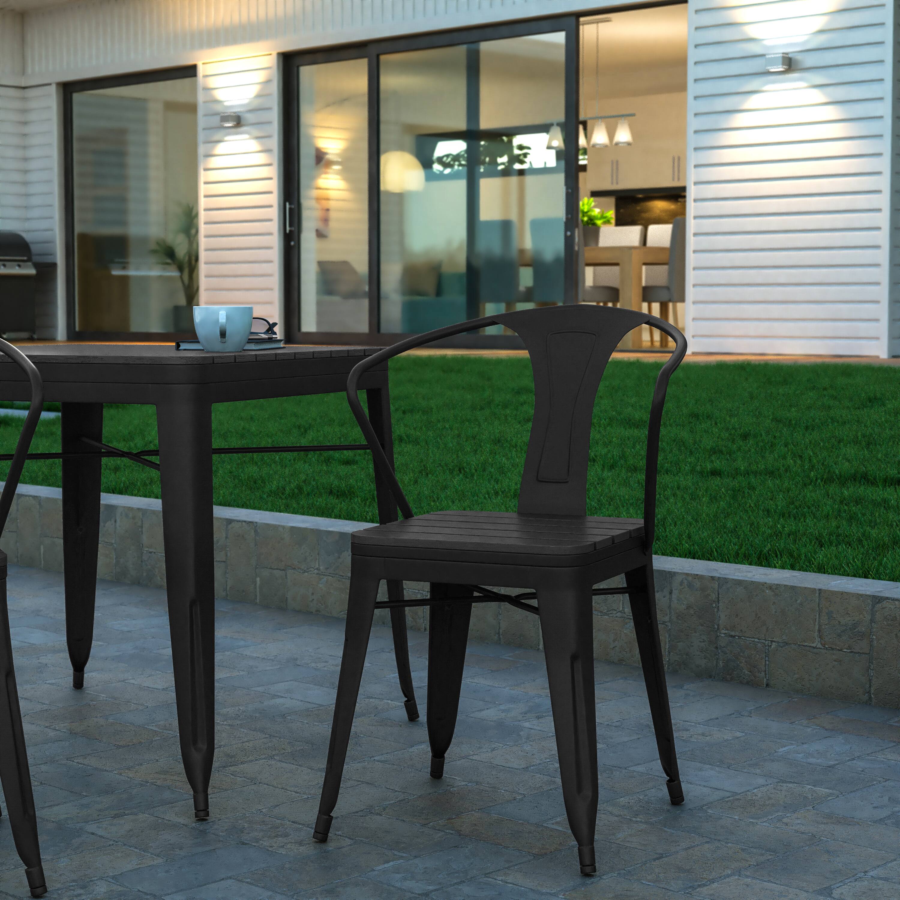 Alt View 5. Emma + Oliver - All-Weather Metal Stack Chair with Arms and Polyresin Seat and Back - Black.