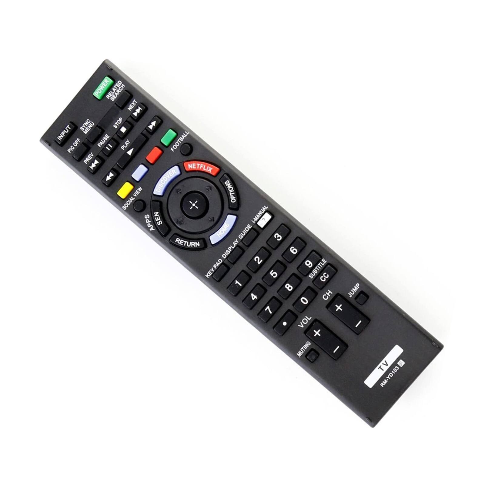 POWER BACK NEXT MENU STOP INPUT PAUSE FOOTBALL PICOFF = PLAY PREV NETFLIX VIEW DISCOVER DISCO OPTIONS SOCIAL APPS SEN I-MANUAL HOME GUIDE 3 RETURN DISPLAY 6 PAD 2 9 KEY PAD KEY 5 SUBTITLE CC 1 8 4 CH JUMP 0 7 + VOL I + MUTING I TV RM-YD103