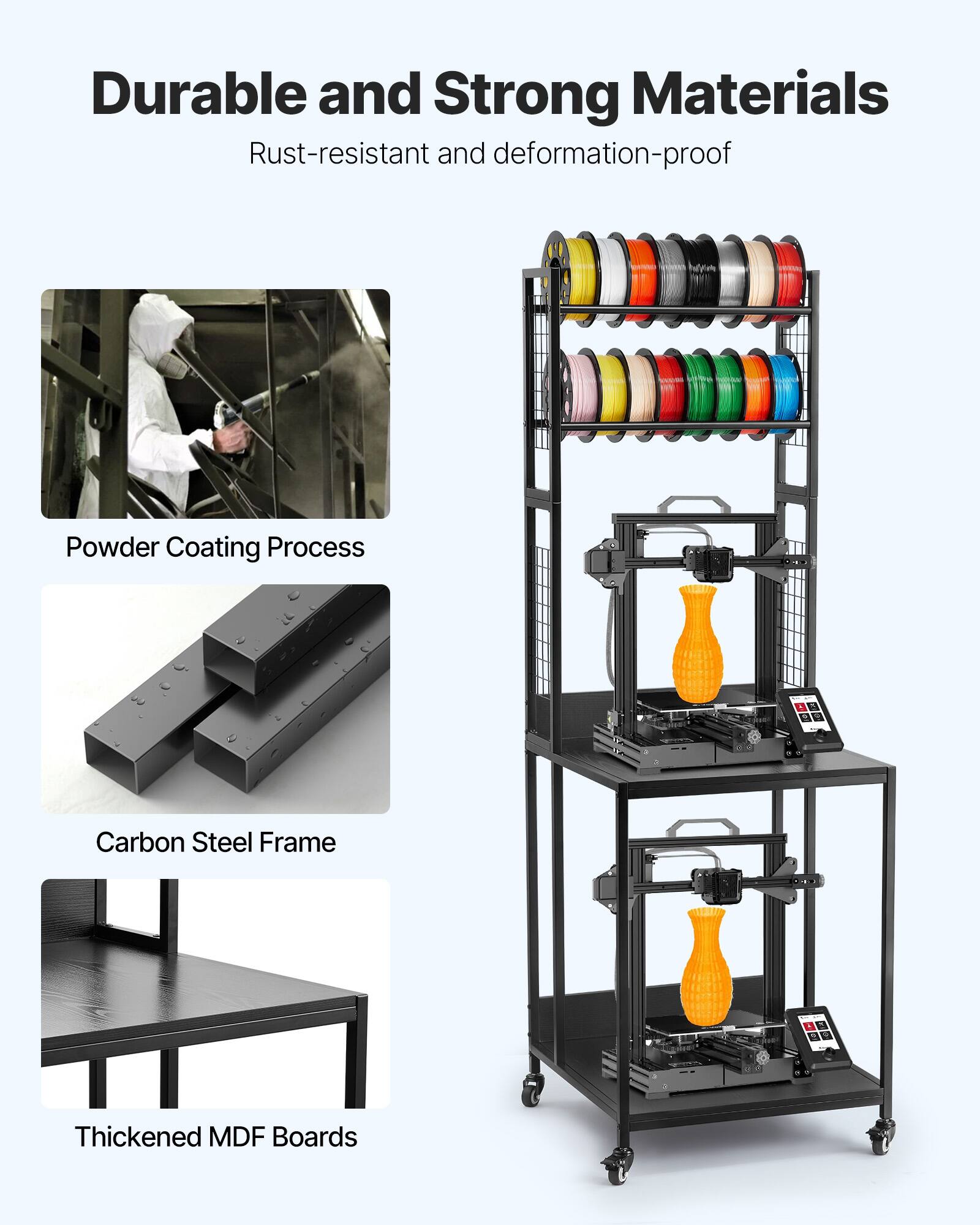 Durable and Strong Materials  
Rust-resistant and deformation-proof  

Powder Coating Process  

Carbon Steel Frame  

Thickened MDF Boards