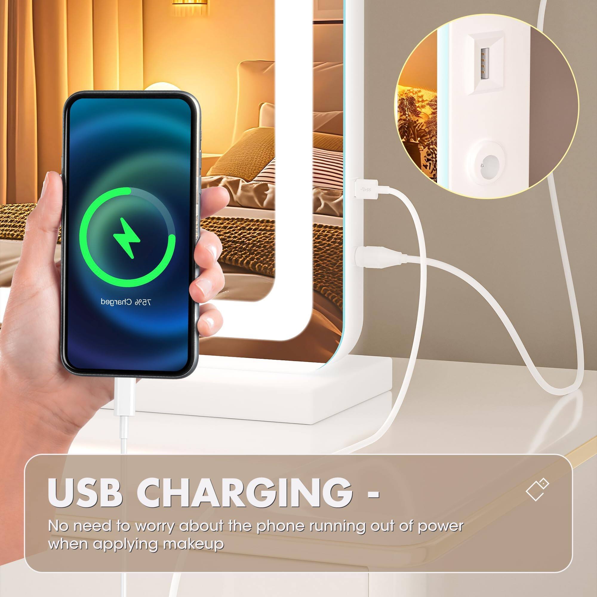 USB CHARGING -  
No need to worry about the phone running out of power when applying makeup