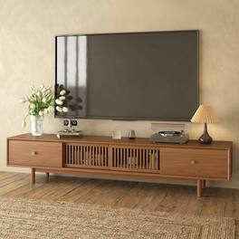 luck idea - Mid-Century Modern 78.7" TV Stand, 2 Storage Drawers, Cable Management Port & Solid Wood Legs - Walnut Color