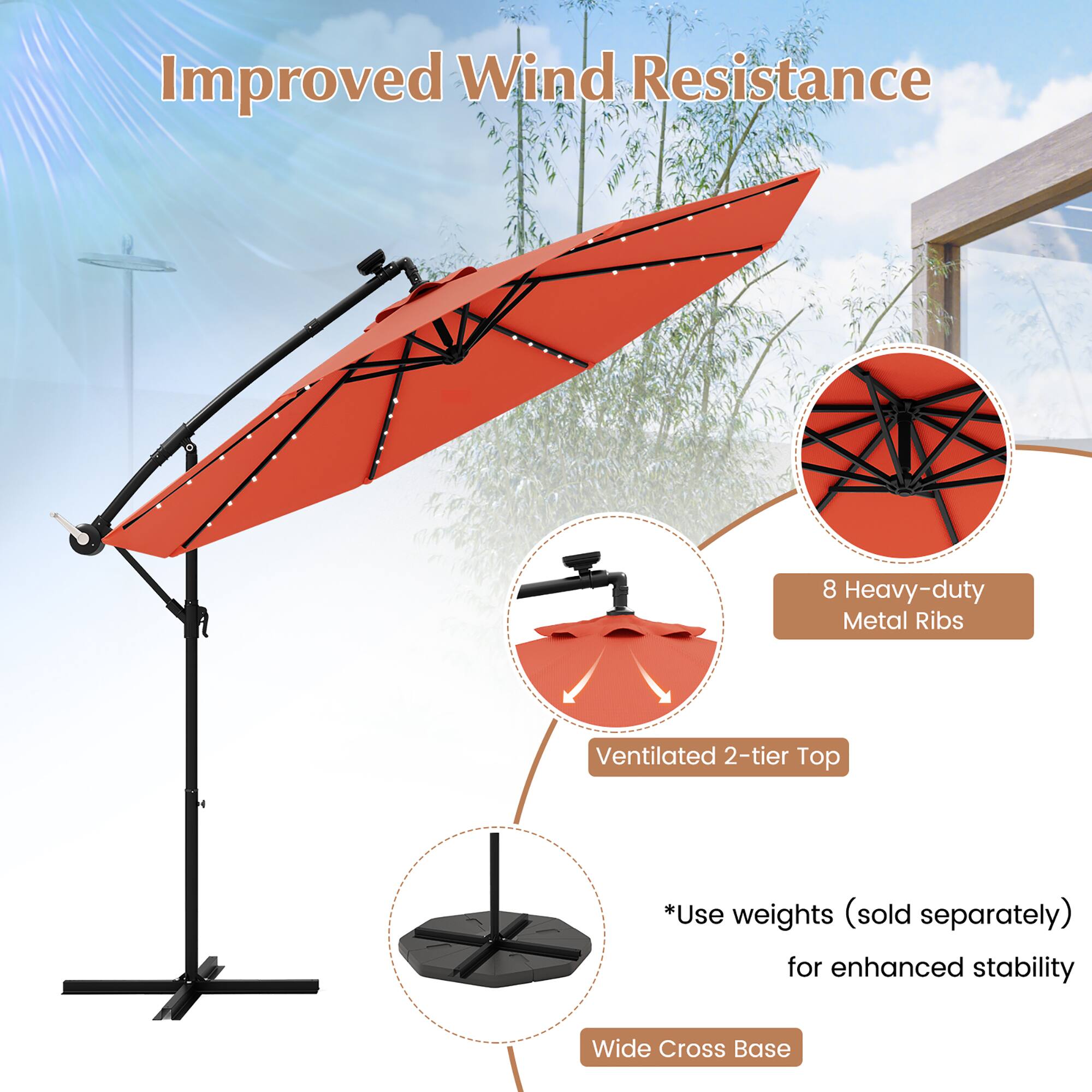 Improved Wind Resistance, 8 Heavy-duty Metal Ribs, Ventilated 2-tier Top, *Use weights (sold separately) for enhanced stability, Wide Cross Base
