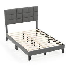 LUCKY ONE - Full Assembled Linen Bed Frame with Adjustable Headboard Platform Bed Wooden Slats - Gray-Full