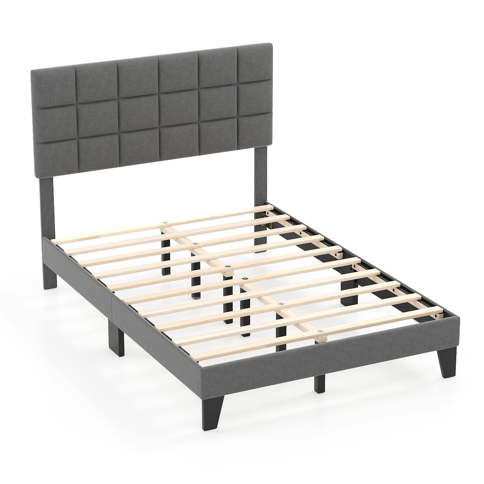 Front. LUCKY ONE - Full Assembled Linen Bed Frame with Adjustable Headboard Platform Bed Wooden Slats - Gray-Full.