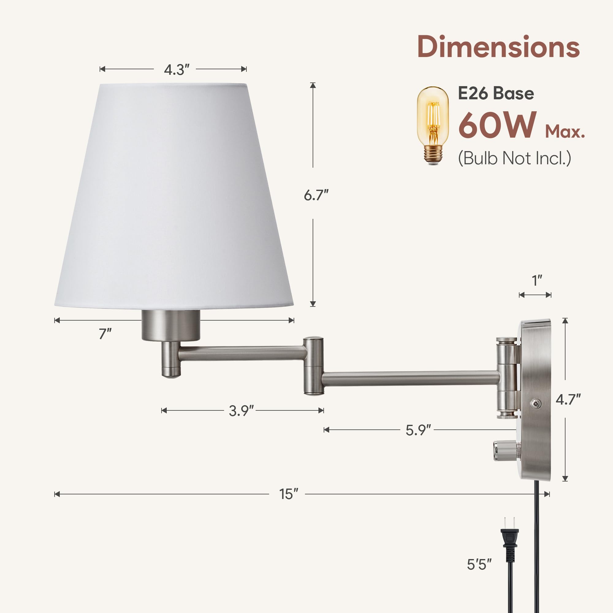 - Dimensions: 4.3" x 6.7" x 7" x 3.9" x 5.9" x 4.7" x 15" x 5'5"
- E26 Base
- 60W Max. (Bulb Not Included)