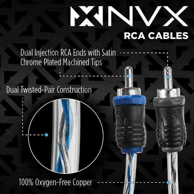 MNVX RCA Cables  
Chrome Dual Injection Plated RCA Machined Ends with Tips  
Satin Dual Twisted-Pair Construction  
100% Oxygen-Free Copper