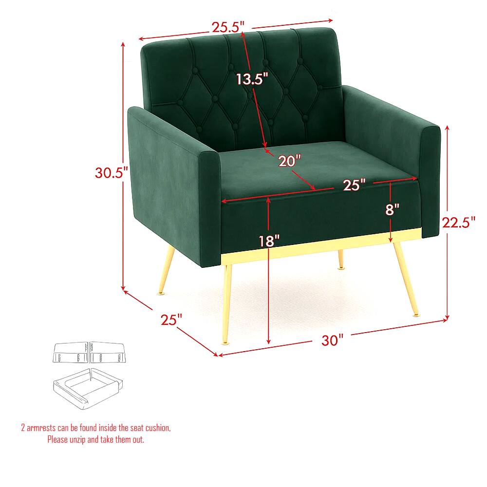 25.5"  
13.5"  
30.5"  
20"  
18"  
25"  
8"  
22.5"  
30"  
25"  

2 armrests can be found inside the seat cushion.  
Please unzip and take them out.