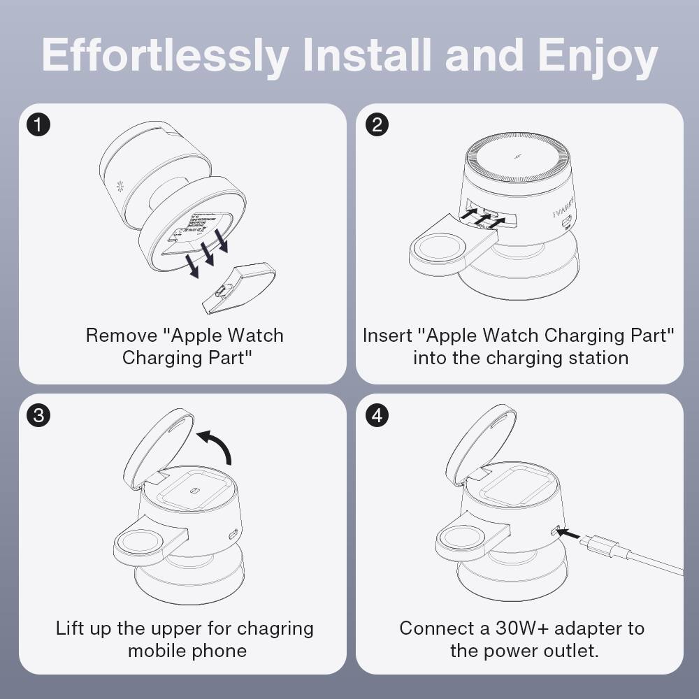 Effortlessly Install and Enjoy

1. Remove "Apple Watch Charging Part"
2. Insert "Apple Watch Charging Part" into the charging station
3. Lift up the upper for charging mobile phone
4. Connect a 30W+ adapter to the power outlet.