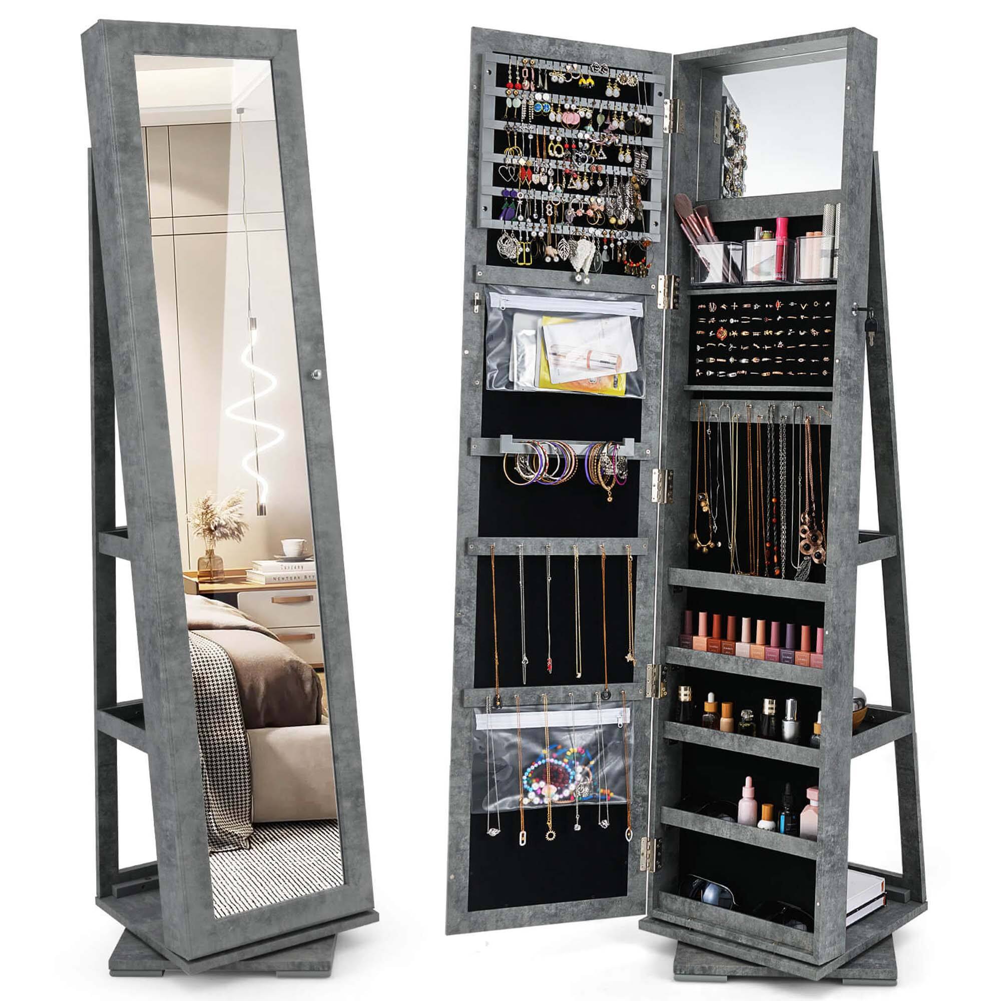 Costway - 360° Rotatable Jewelry Cabinet Armoire 2-in-1 Lockable Mirrored - Dark Gray