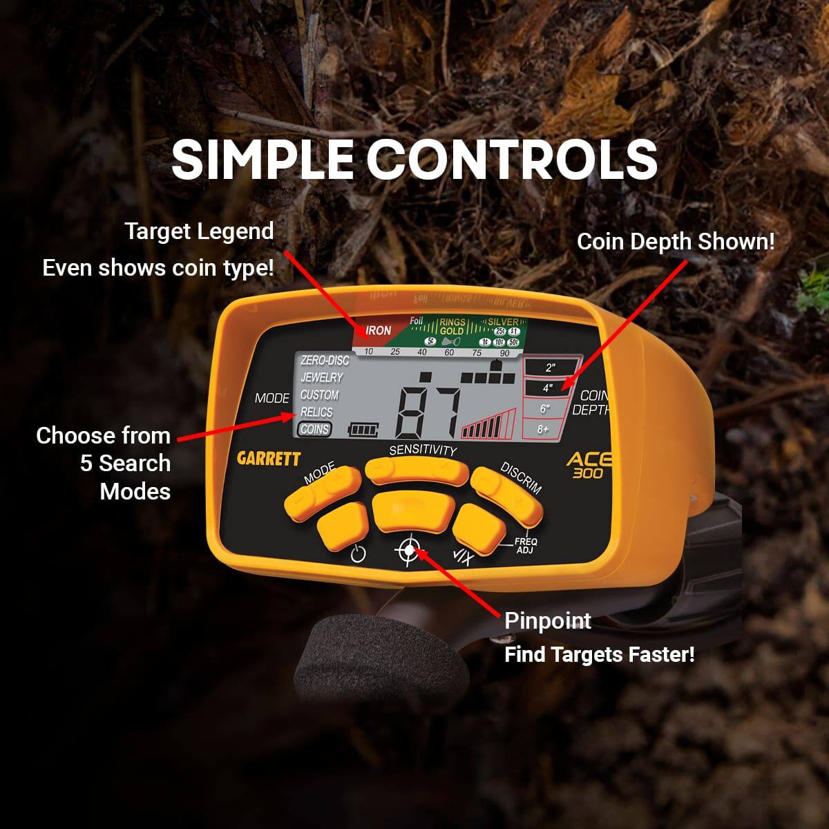 **SIMPLE CONTROLS**

- **Target Legend**
  - Even shows coin type!

- **Coin Depth Shown!**

- **Choose from 5 Search Modes**

- **Pinpoint**
  - Find Targets Faster!

- **BMOEI WBNA Foil RINGS SILVER IRON GOLD**

- **11 O N 1 5 TO 25 40 60 75 10 ZERO-DISC 2" JEWELRY 4 MODE CUSTOM COIN RELICS 6" DEPT COINS .... +8**

- **Choose from SENSITIVITY 5 Search GARRETT ACE MODE DISCRIM 300 Modes XIV FREQ ADJ**