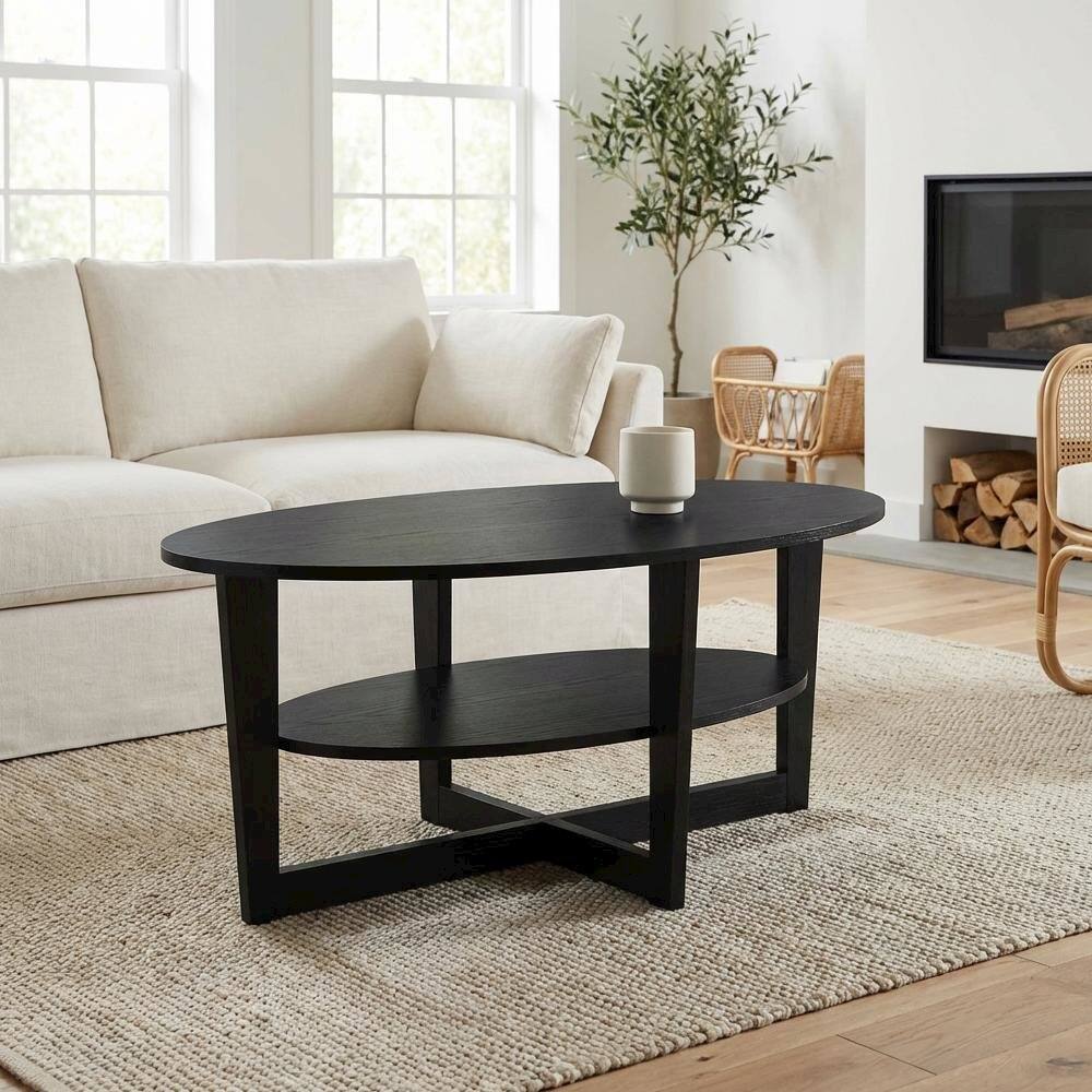 Left. FurniFact - Round Walnut Coffee Table with Sturdy Wood Base and Smooth Finish - Walnut.