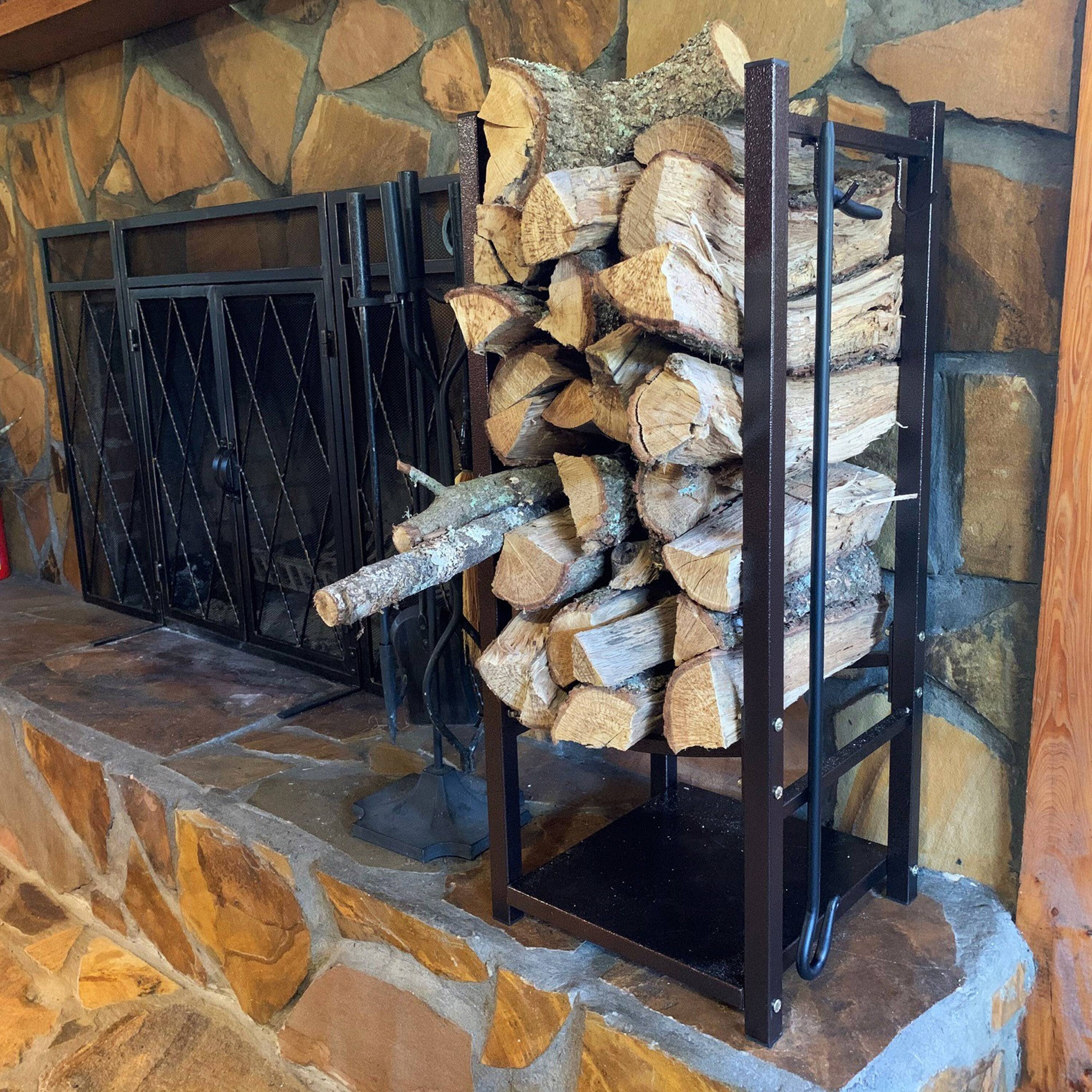 Alt View 3. Sunnydaze - 32 in Steel Firewood Log Rack with Tool Holders - Bronze.
