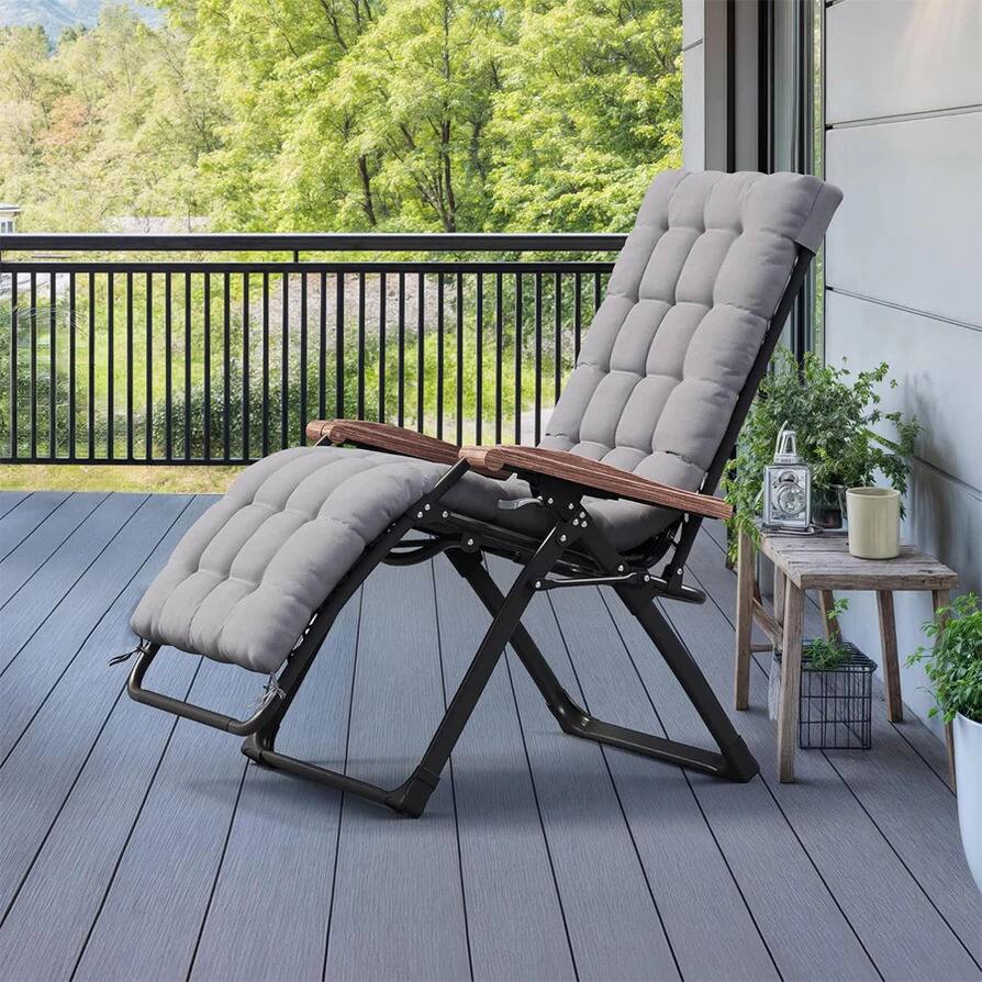 Front. PURPLE LEAF - Patio Reclining Chair Zero Gravity Chaise Lounge Folding Chair with Removable Cushion Adjustable Headrest for Beach Pool - Grey.