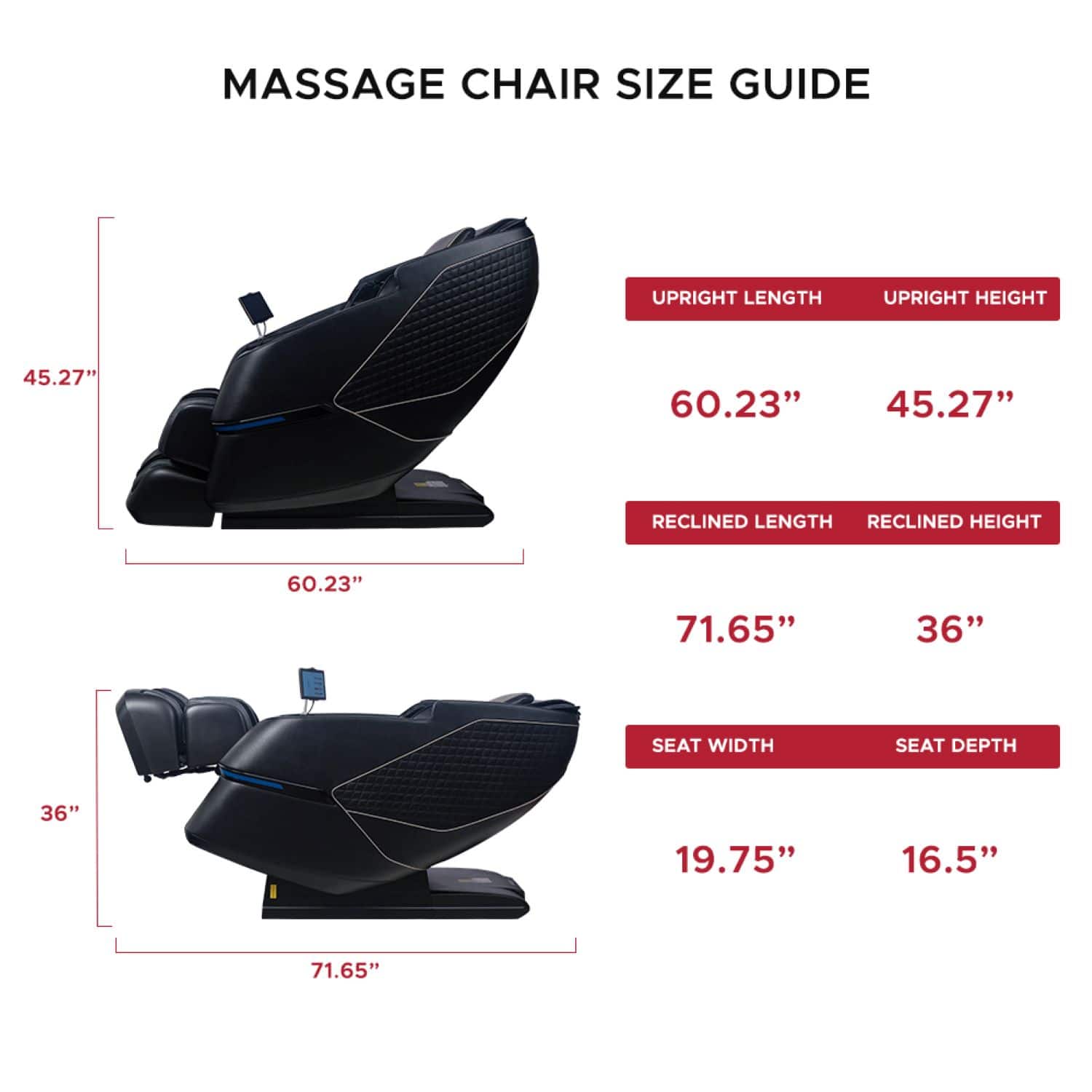 MASSAGE CHAIR SIZE GUIDE
UPRIGHT LENGTH: 45.27"
UPRIGHT HEIGHT: 60.23"
RECLINED LENGTH: 60.23"
RECLINED HEIGHT: 71.65"
SEAT WIDTH: 36"
SEAT DEPTH: 19.75"
71.65"