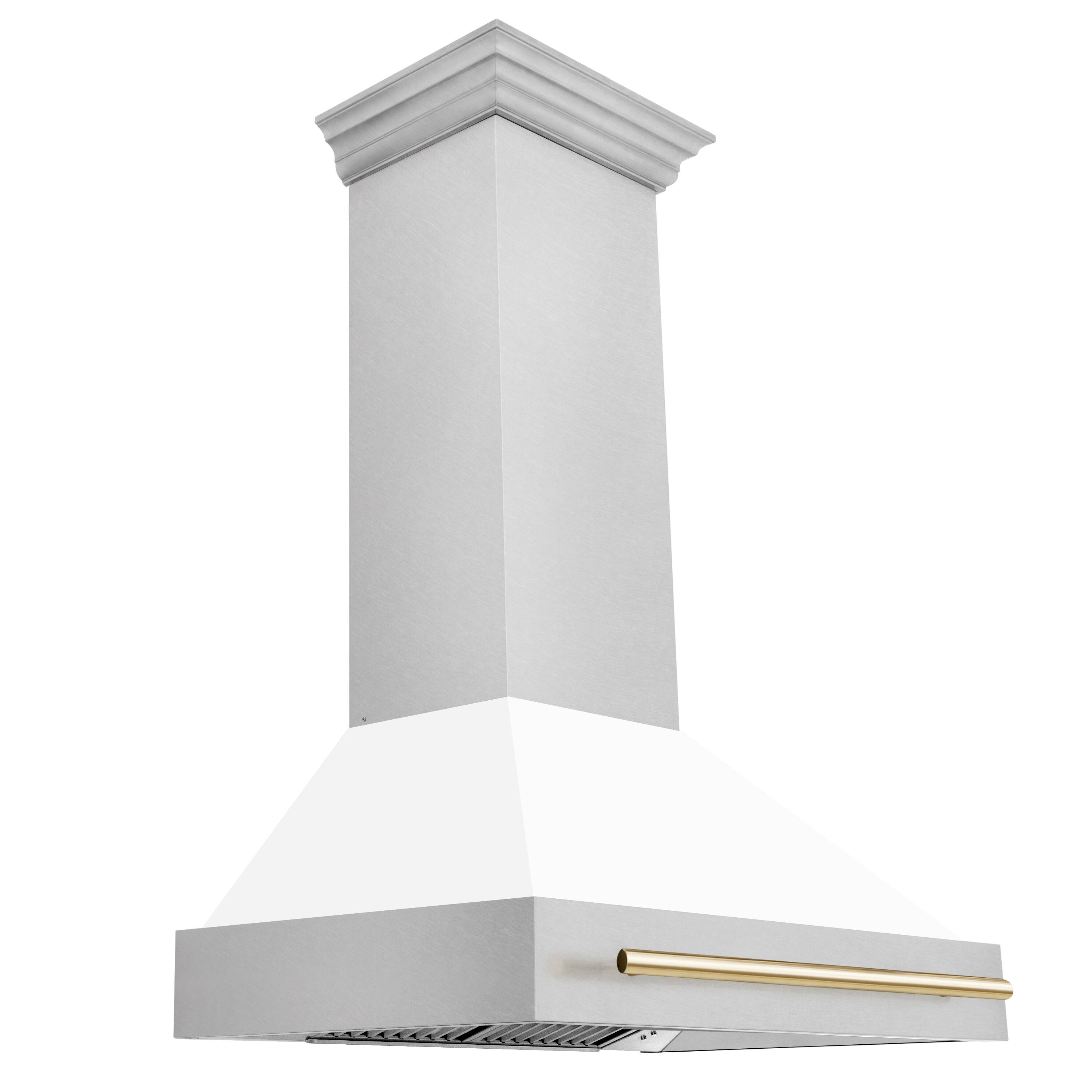 Left. ZLINE - ZLINE Autograph 36 in. Satin Stainless Steel Wall Mount Range Hood with White Matte Shell and Polished Gold Handle - Satin Stainless Steel with White Matte Shell.