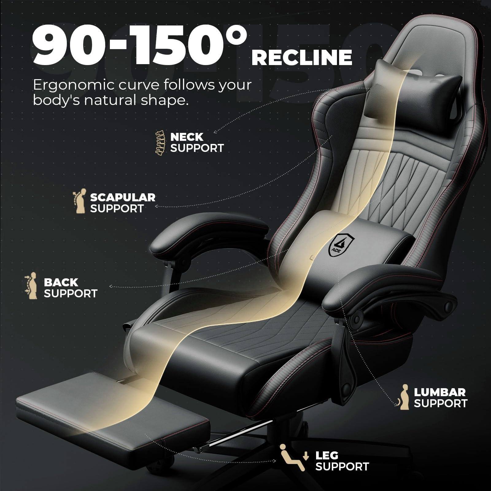 90-150° RECLINE

Ergonomic curve follows your body's natural shape.

- NECK SUPPORT
- SCAPULAR SUPPORT
- BACK SUPPORT
- LUMBAR SUPPORT
- LEG SUPPORT