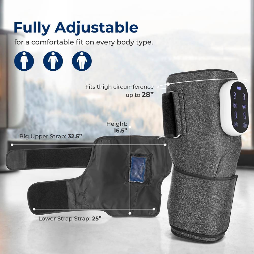 Fully Adjustable for a comfortable fit on every body type. Fits thigh circumference up to 28" Height: 16.5" Big Upper Strap: 32.5" Lower Strap: 25"