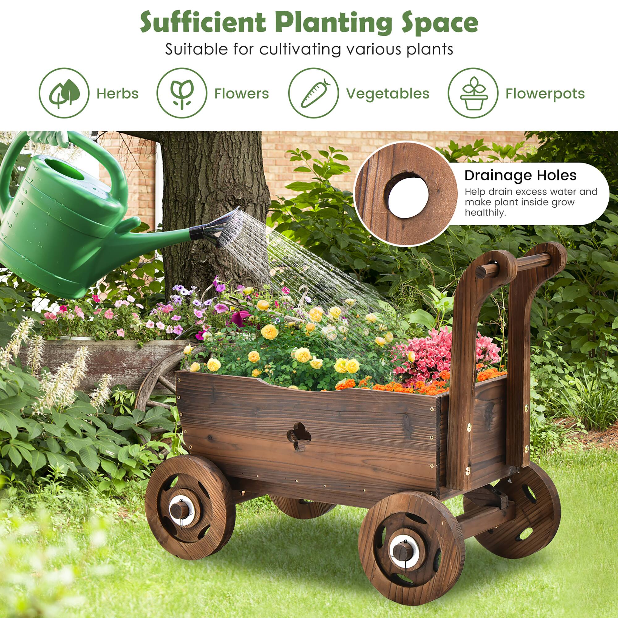 Sufficient Planting Space is suitable for cultivating various plants, including herbs, flowers, vegetables, and flowerpots. Drainage holes are included to help drain excess water and promote healthy plant growth.