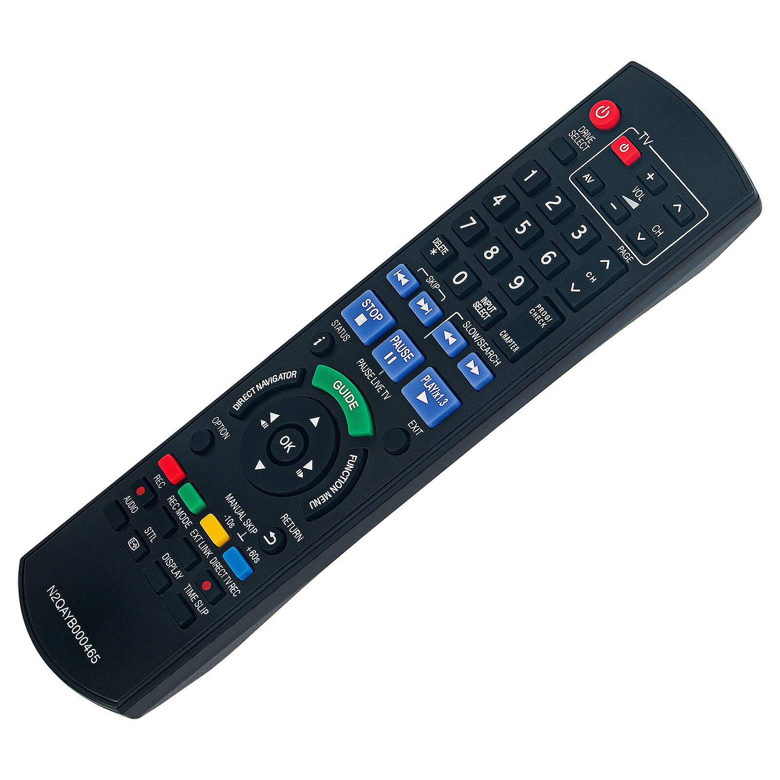 Sure, here is the corrected and grouped text from the image:

**Top Section:**
- SELECT DRNE TV G 1 VA + 4 VOL 2 I > 7 5 3 CH < DELETE 8 PAGE 9 > 1 0 9 CH V STOP 1 SELECT INPUT CHECK m STATUS CHAPTER = PAUSE SLOW/SEARCH DIRECT NAVIGATOR GUIDE PAUSELVETV PLAYIx1.3 OPTION EXIT OK REC FUNCTION AUDIO MANUAL MENU REC MODE -10g SKIP RETURN STTL EXTLINK

**Bottom Section:**
- U 6Y +60s DISPLAY DIRECTTVREC DIRECT TVREC TIME SLIP N2QAYB000465

**Remote Control Labels:**
- TV
- 1 2 3 4 5 6 7 8 9 0
- VOL + VOL -
- CH + CH -
- TV GUIDE
- DIRECT NAVIGATOR
- PAUSE
- PLAY
- STOP
- SLOW/SEARCH
- DIRECT
- OK
- EXIT
- MANUAL
- RETURN
- AUDIO
- DISPLAY
- TIME SLIP
- REC
- STTL
- EXTLINK
- DIRECTV
