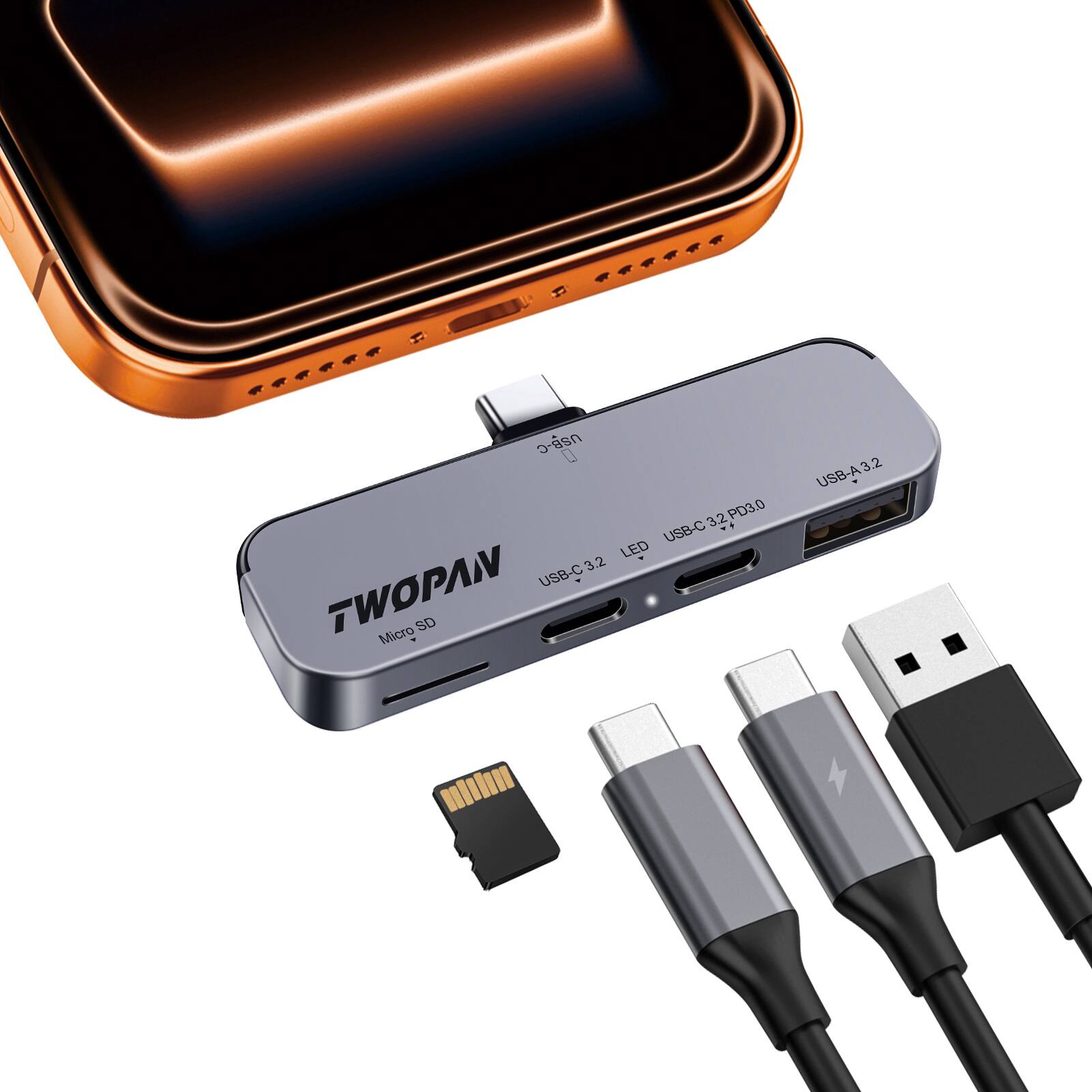TWOPAN - USB C iPhone Hub for ProRes Video Recording, Ultra-Slim USB 3.2, Dual USB-C, Micro SD, and Charging Port Hub