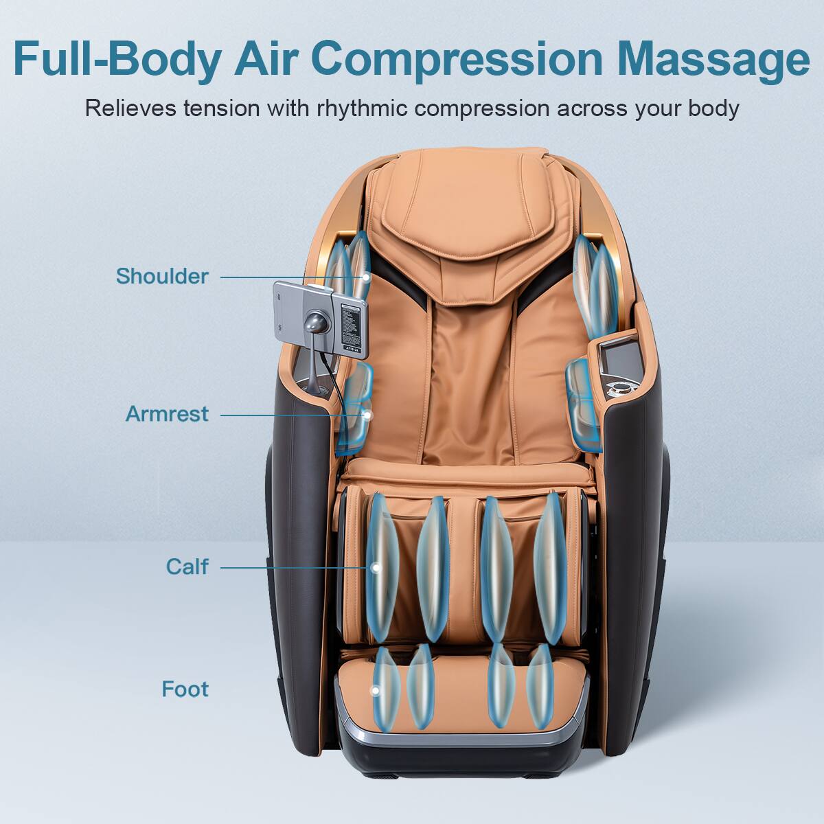 Full-Body Air Compression Massage  
Relieves tension with rhythmic compression across your body  

Shoulder  
Armrest  
Calf  
Foot