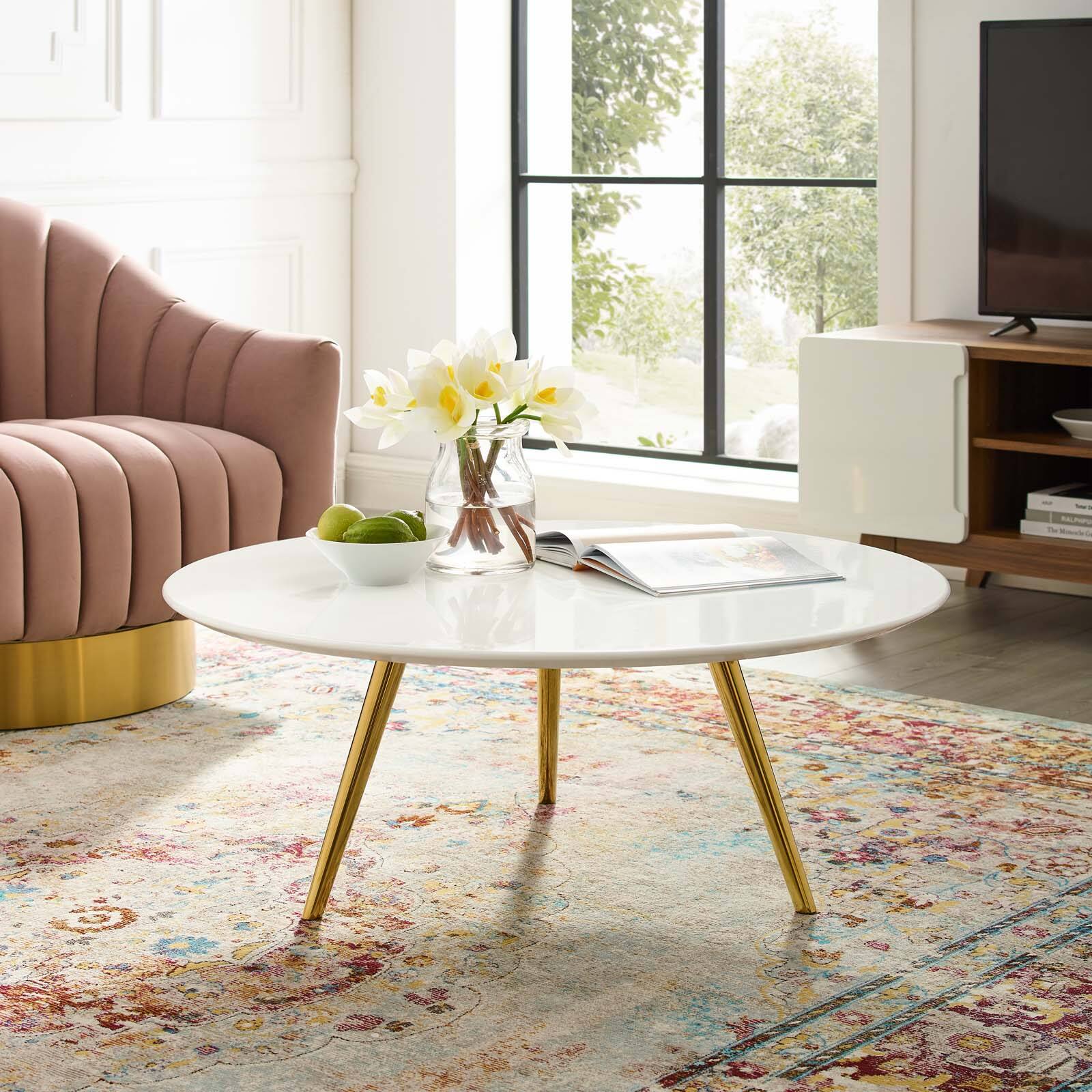 Modway Lippa Round Wood Coffee Table with Tripod Base Gold White EEI ...