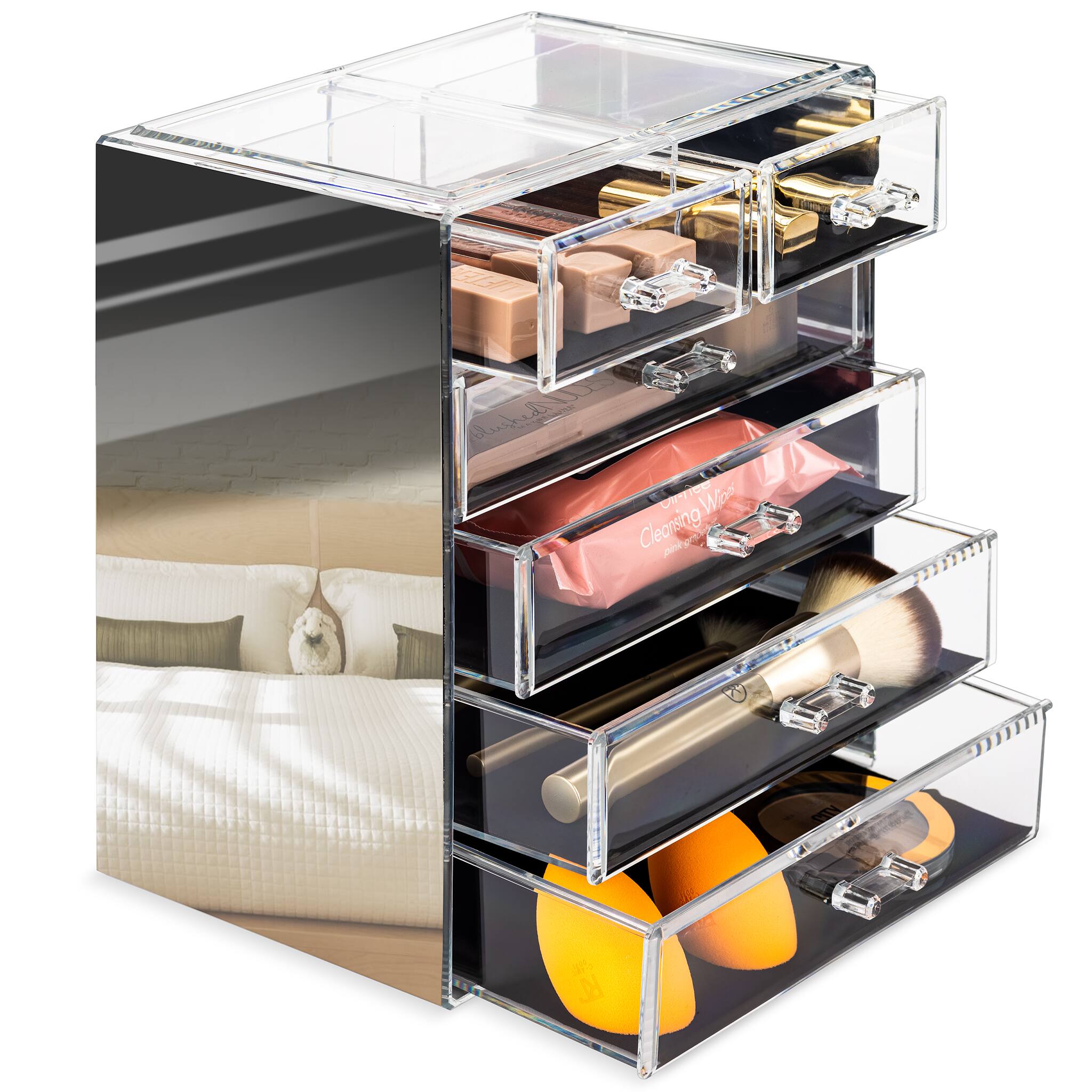 The text on the image appears to be a reflection or distortion. Here is the corrected and grouped text:

- "Cleansing Water"
- "Blushed"