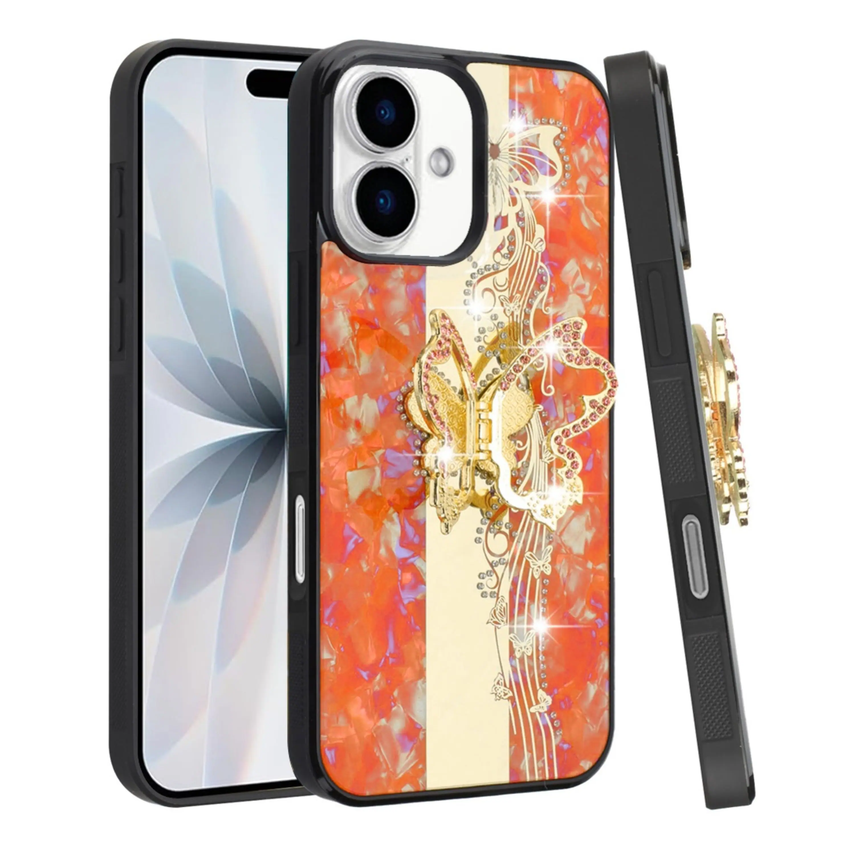 Angle. Kitcheniva - Rhinestone Glitter Butterfly Design Phone Case With Tempered Glass For iPhone 17 Cosmic Orange - Cosmic Orange.