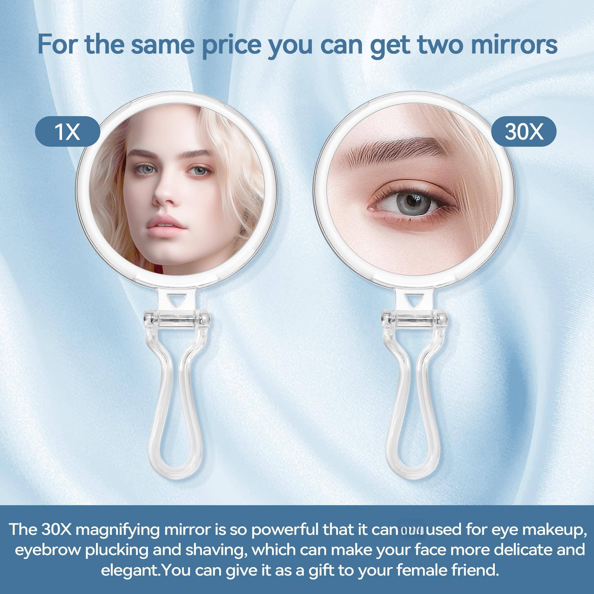 For the same price you can get two mirrors

1X 30X

The 30X magnifying mirror is so powerful that it can be used for eye makeup, eyebrow plucking and shaving, which can make your face more delicate and elegant. You can give it as a gift to your female friend.