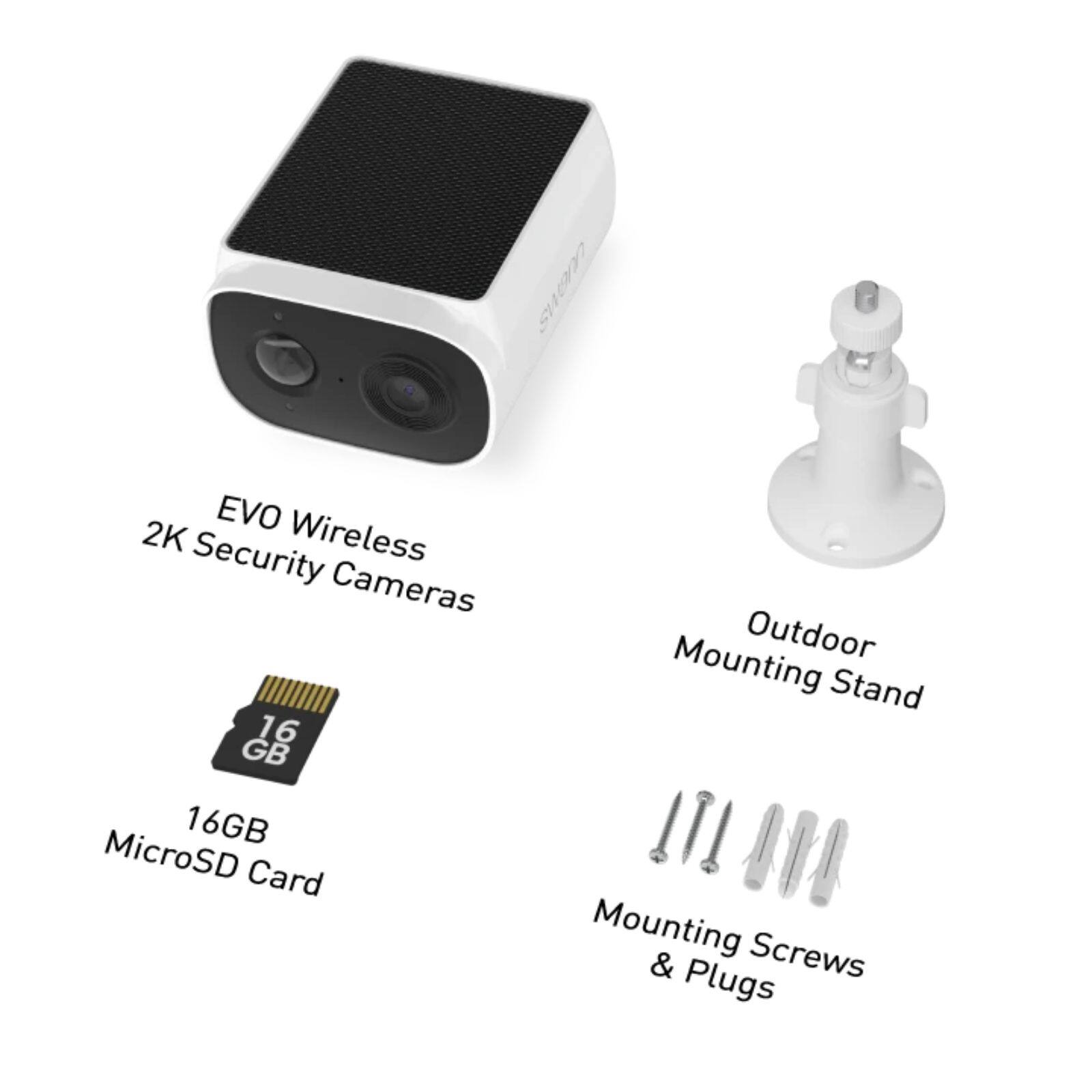 EVO Wireless 2K Security Cameras 16 GB MicroSD Card  
Outdoor Mounting Stand  
Mounting Screws & Plugs