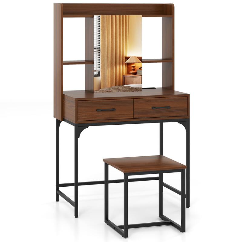 Front. WELLFOR - Makeup Vanity Desk with Mirror Door Cabinet,Charging Station,2 Drawers and Matching Stool for Bedroom Dorm Apartment - Walnut.